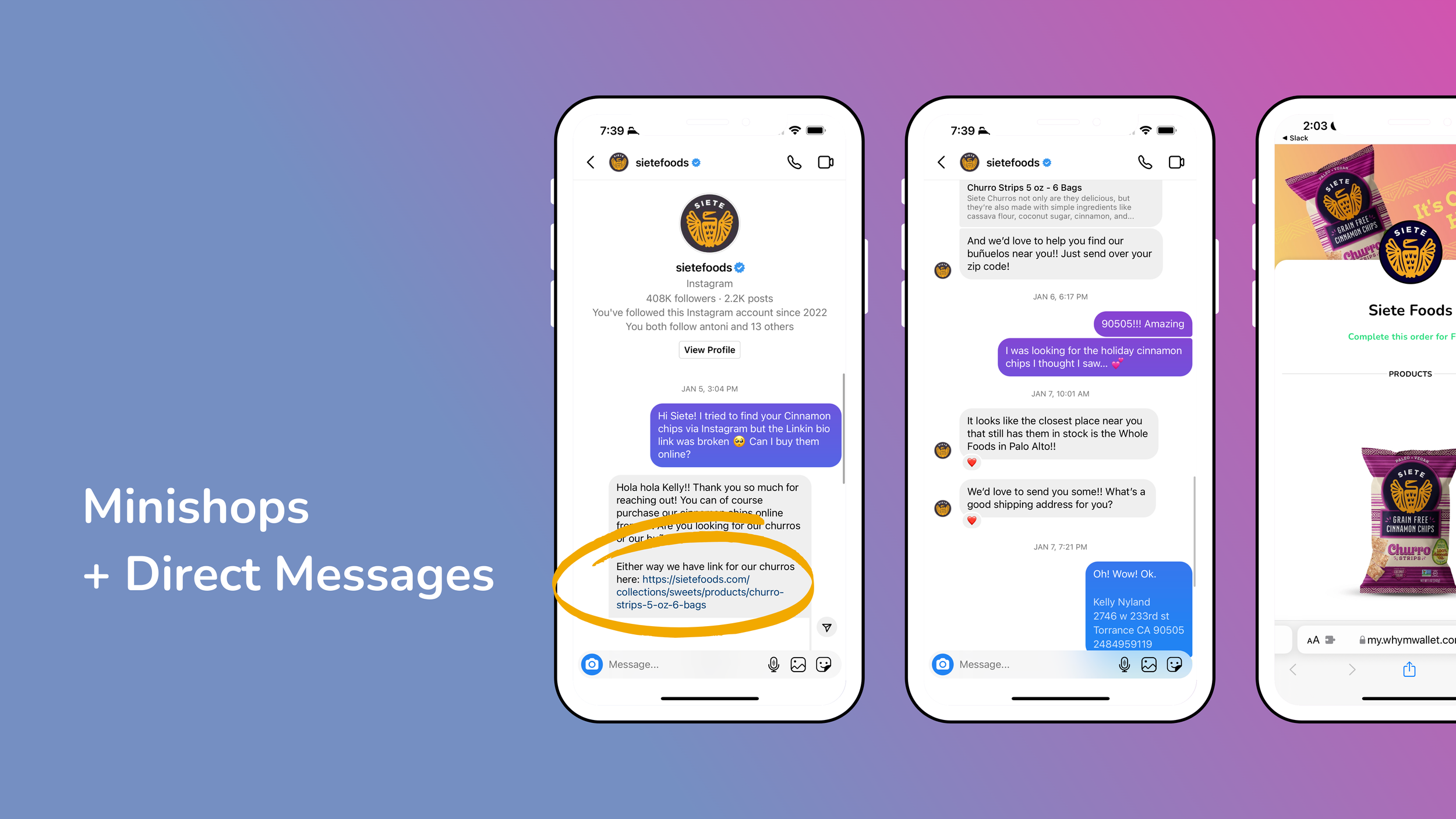 'Minishops + Direct Messages' slide showing an Instagram DM conversation with the sietefoods account