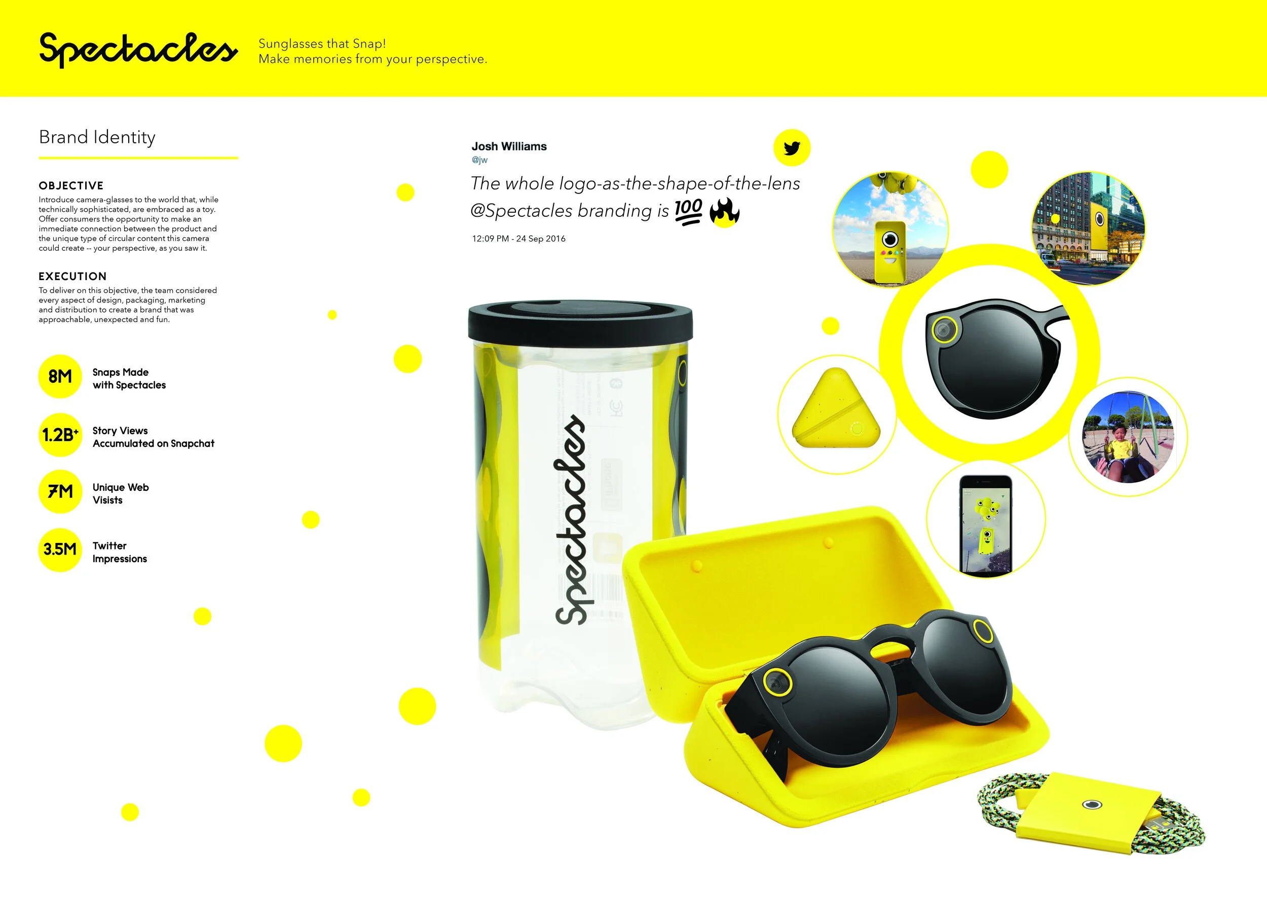 Spectacles brand-identity slide: a tweet praising the lens-shaped logo, product renders, yellow canister packaging, and glasses in charging case.