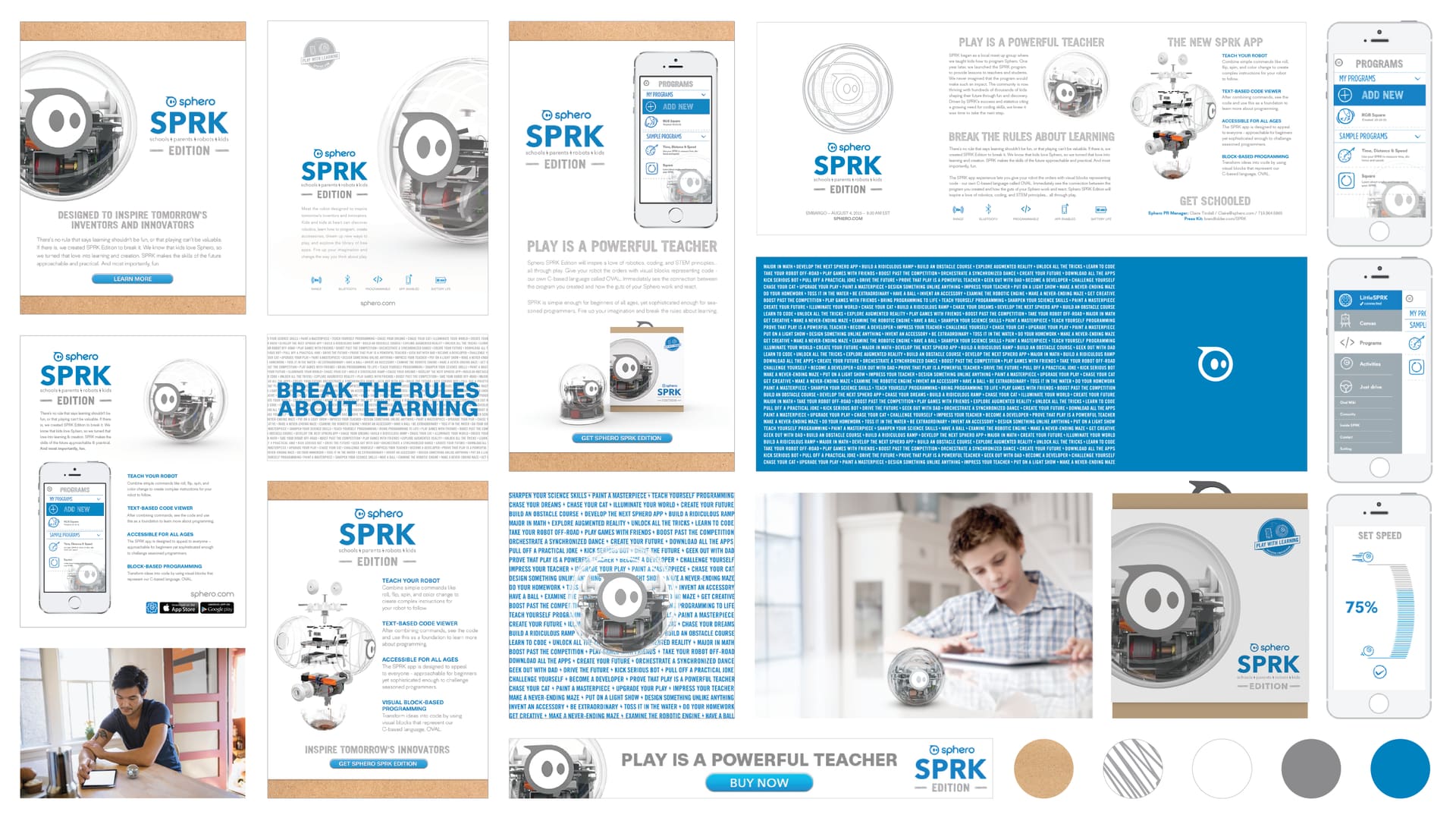 Sphero SPRK Edition marketing layout with app screens, ads and slogans 'Break the rules about learning'