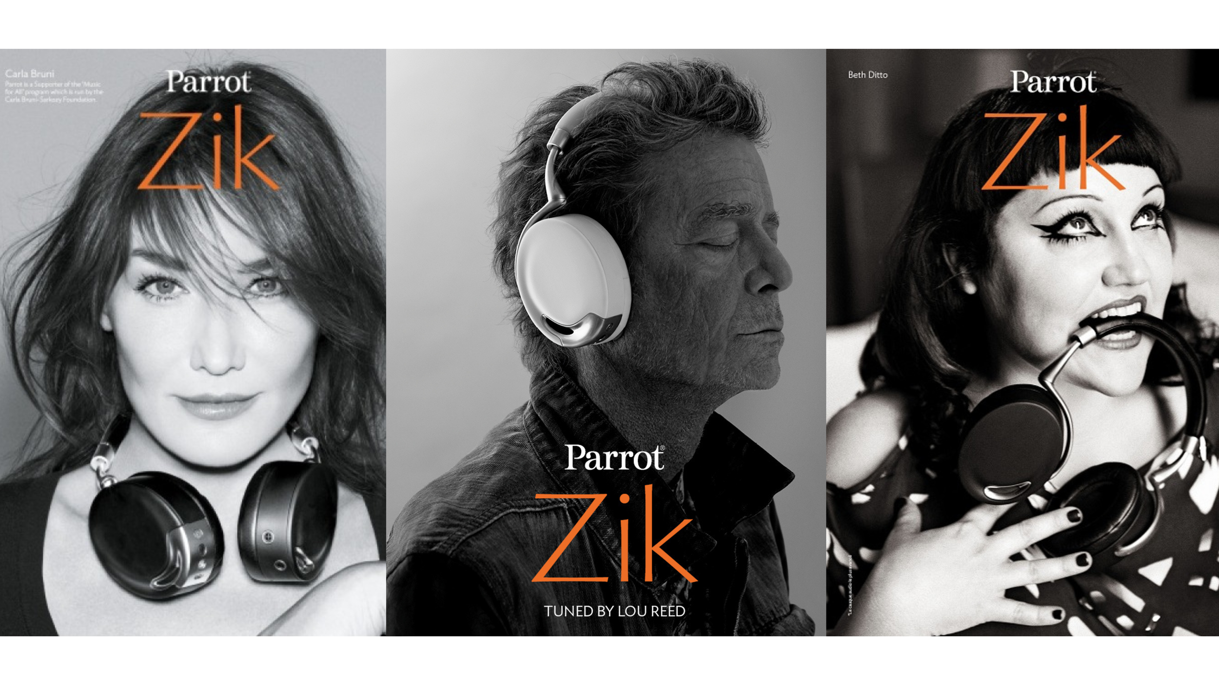 Three black-and-white Parrot Zik ads: Carla Bruni, Lou Reed ("Tuned by Lou Reed"), and Beth Ditto.