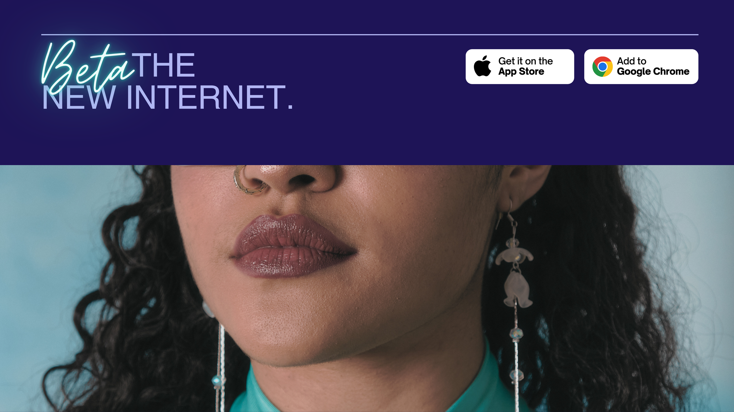 Kookie deck banner: 'Beta the new internet' with App Store and Google Chrome buttons over a woman's face