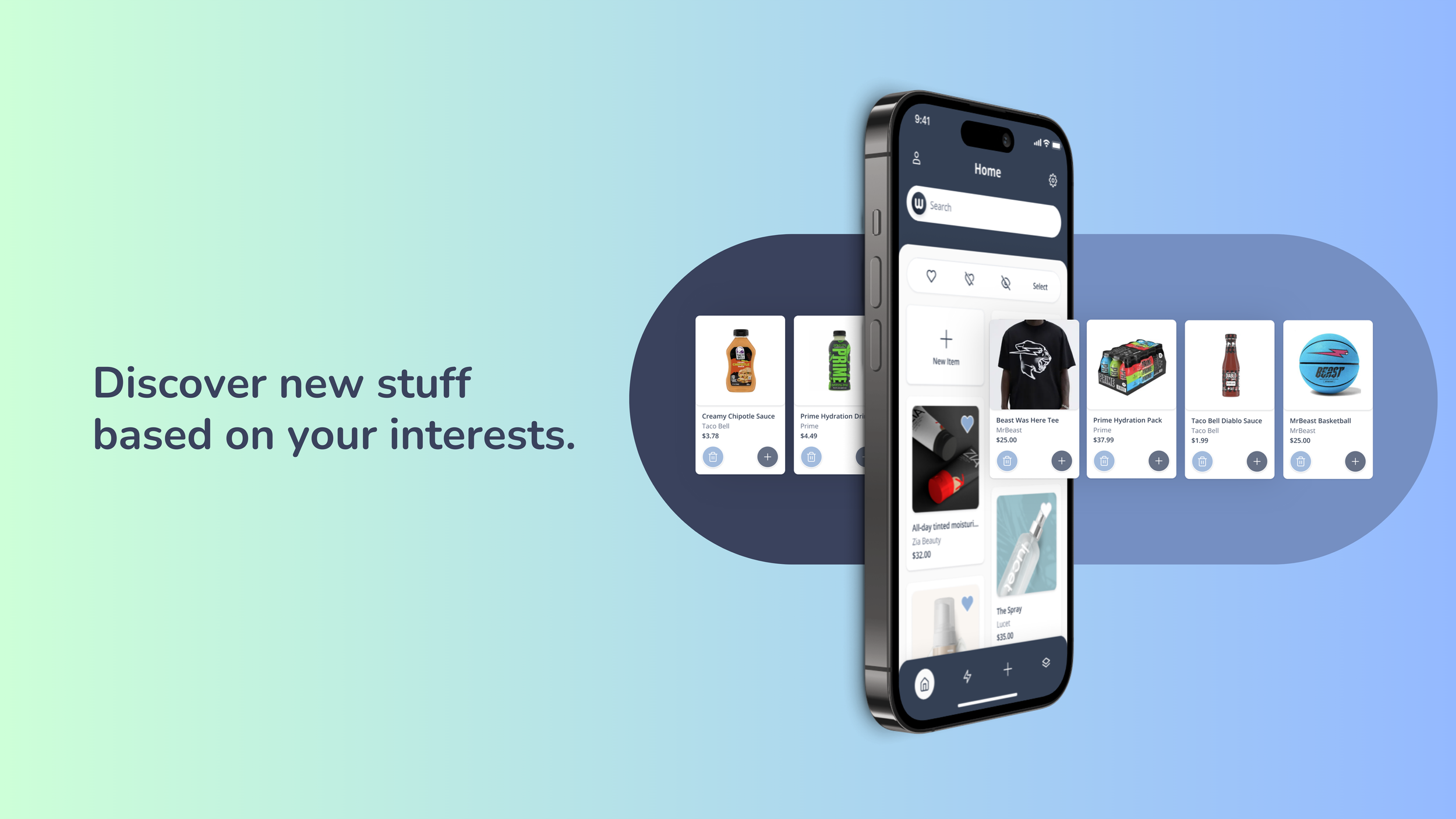 Phone home screen "Discover new stuff based on your interests" with product cards: sauces, Prime, tees, basketball.