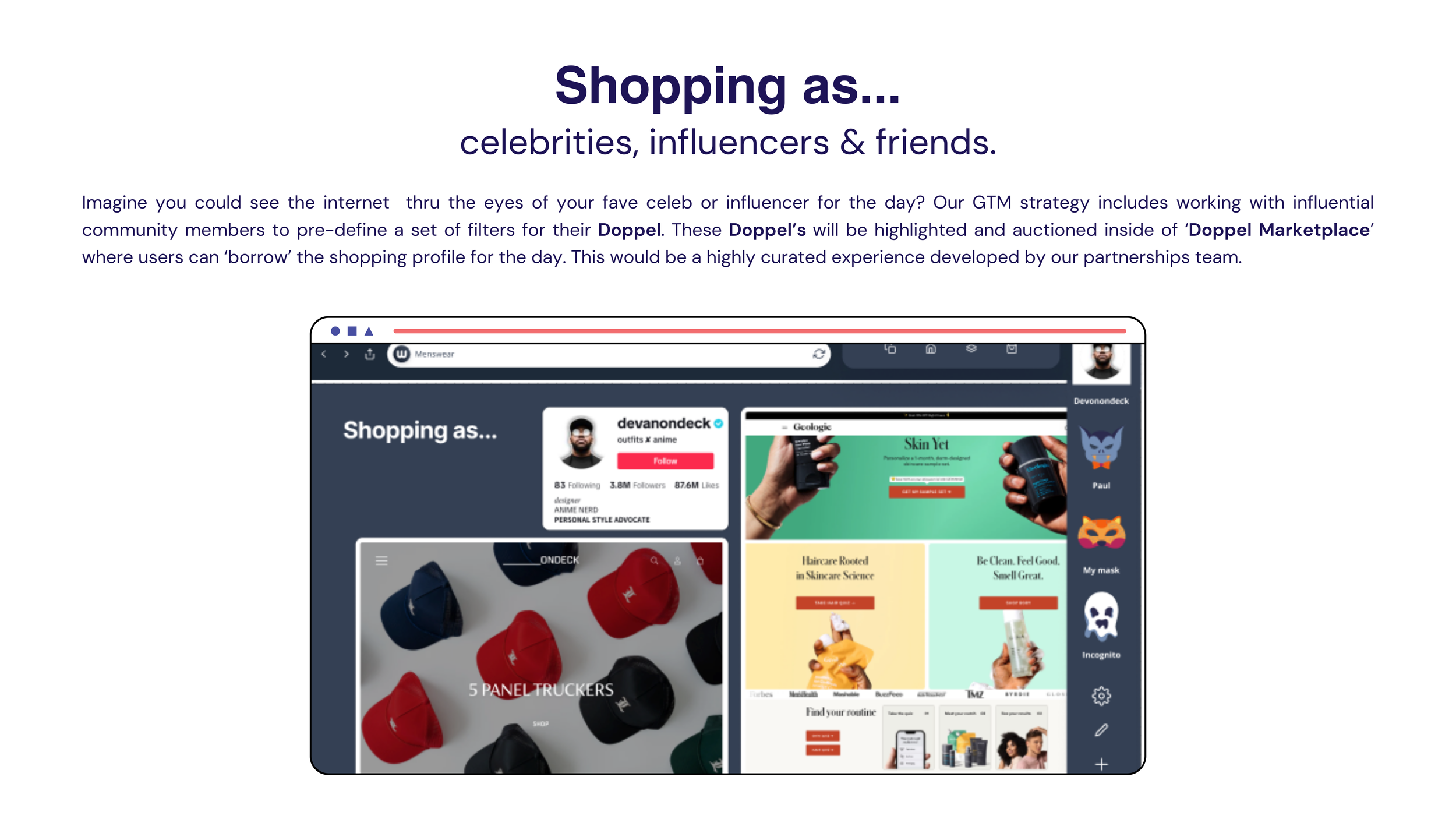Kookie 'Shopping as... celebrities, influencers & friends' slide with a browser mockup shopping as creator 'devanondeck'