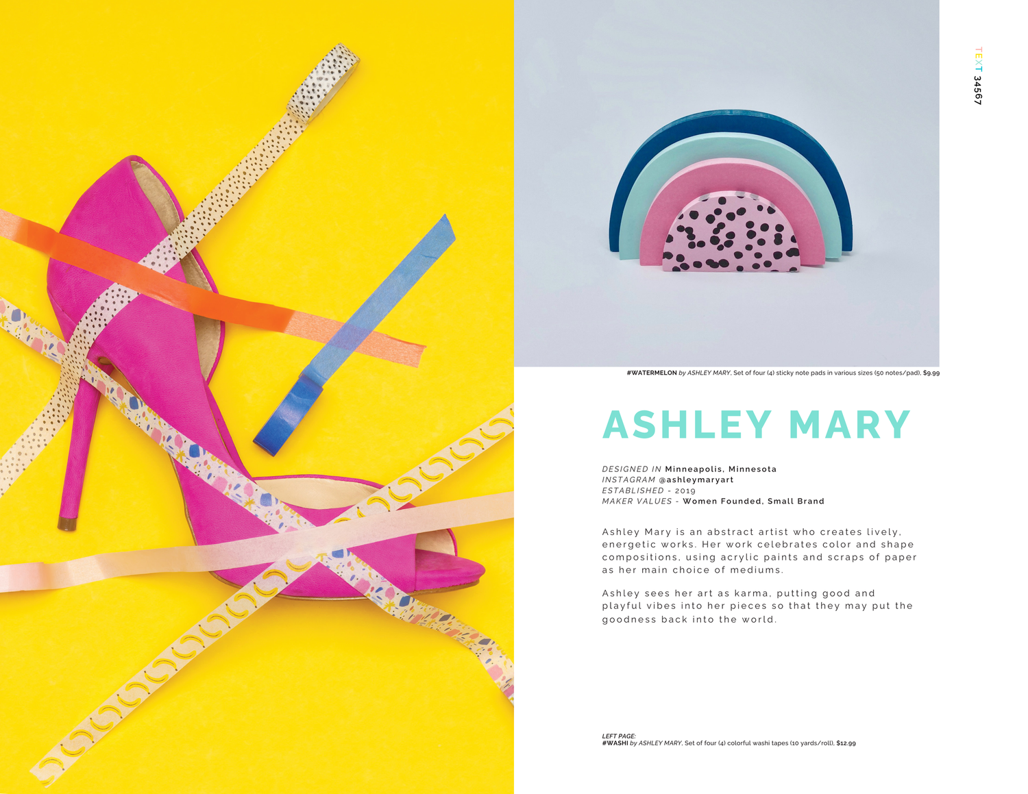 Whym catalog: pink heels wrapped in patterned washi tape on yellow, pastel arch sticky notes, Ashley Mary artist profile