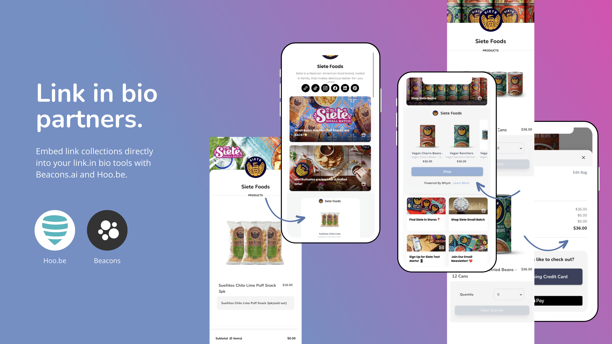 'Link in bio partners' slide showing Siete Foods minishops embedded via Beacons.ai and Hoo.be on phones