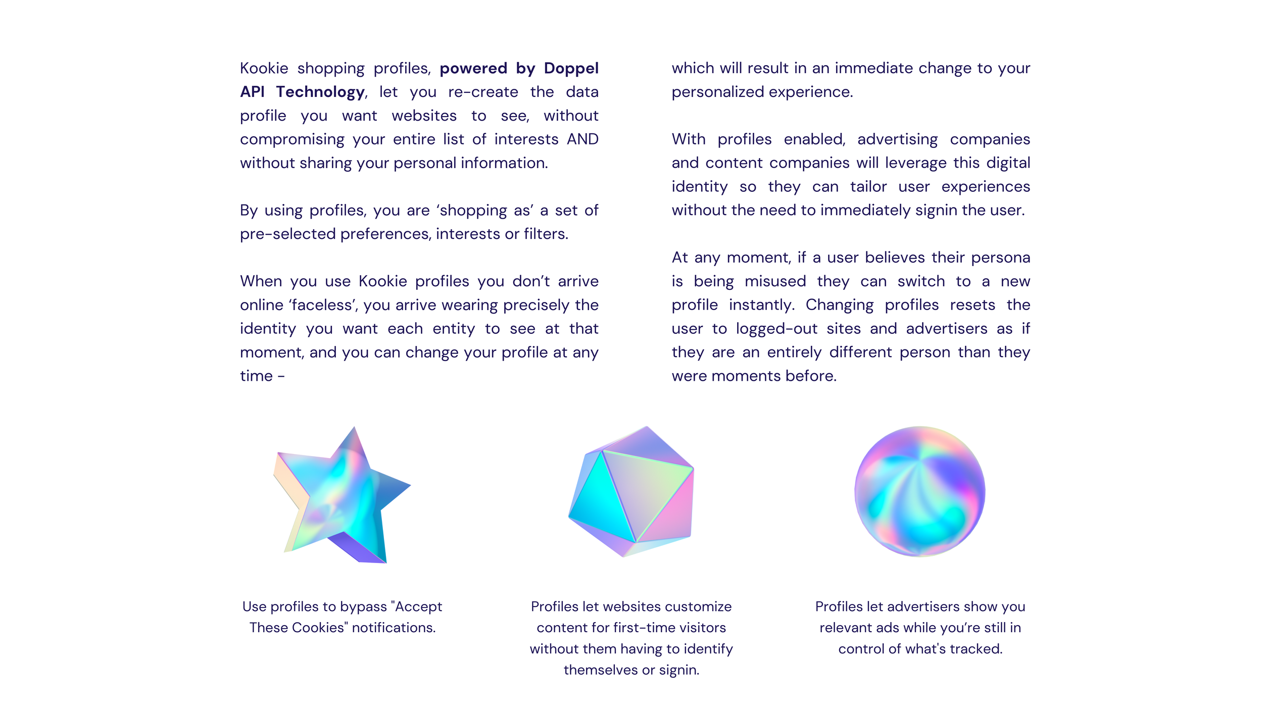Kookie text slide on Doppel-powered shopping profiles with three iridescent 3D shapes: star, icosahedron, sphere