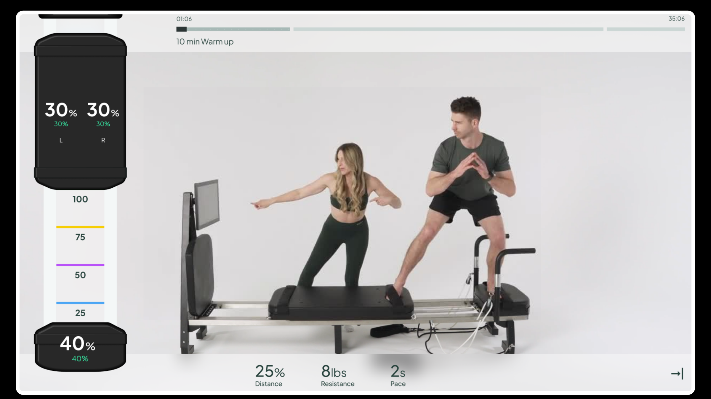 Skop app workout screen: a man and woman demonstrate a squat on a reformer, with resistance percentages and metrics.