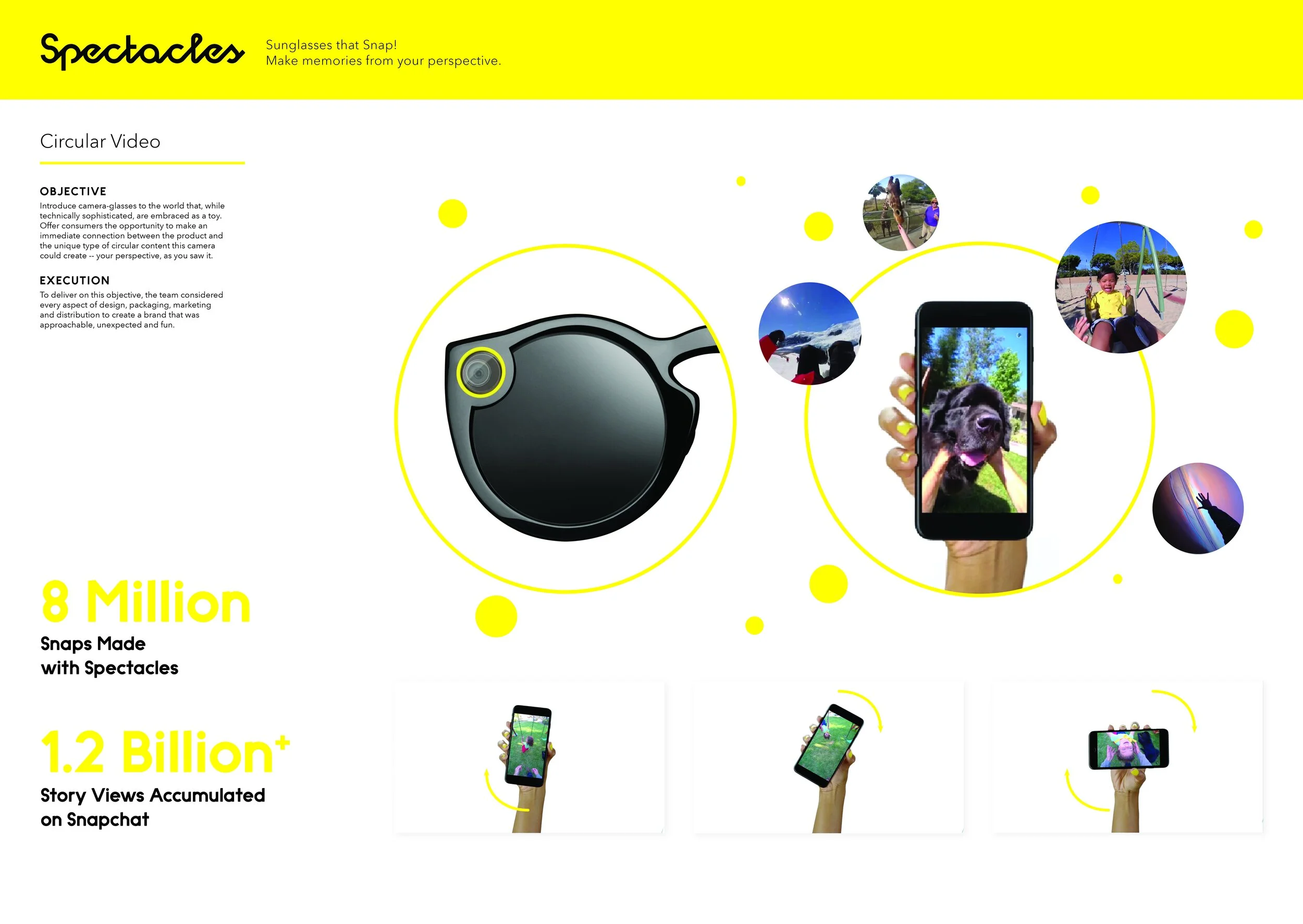 Spectacles circular-video slide: black camera-glasses beside a phone showing circular dog footage and frames of a hand rotating the phone.