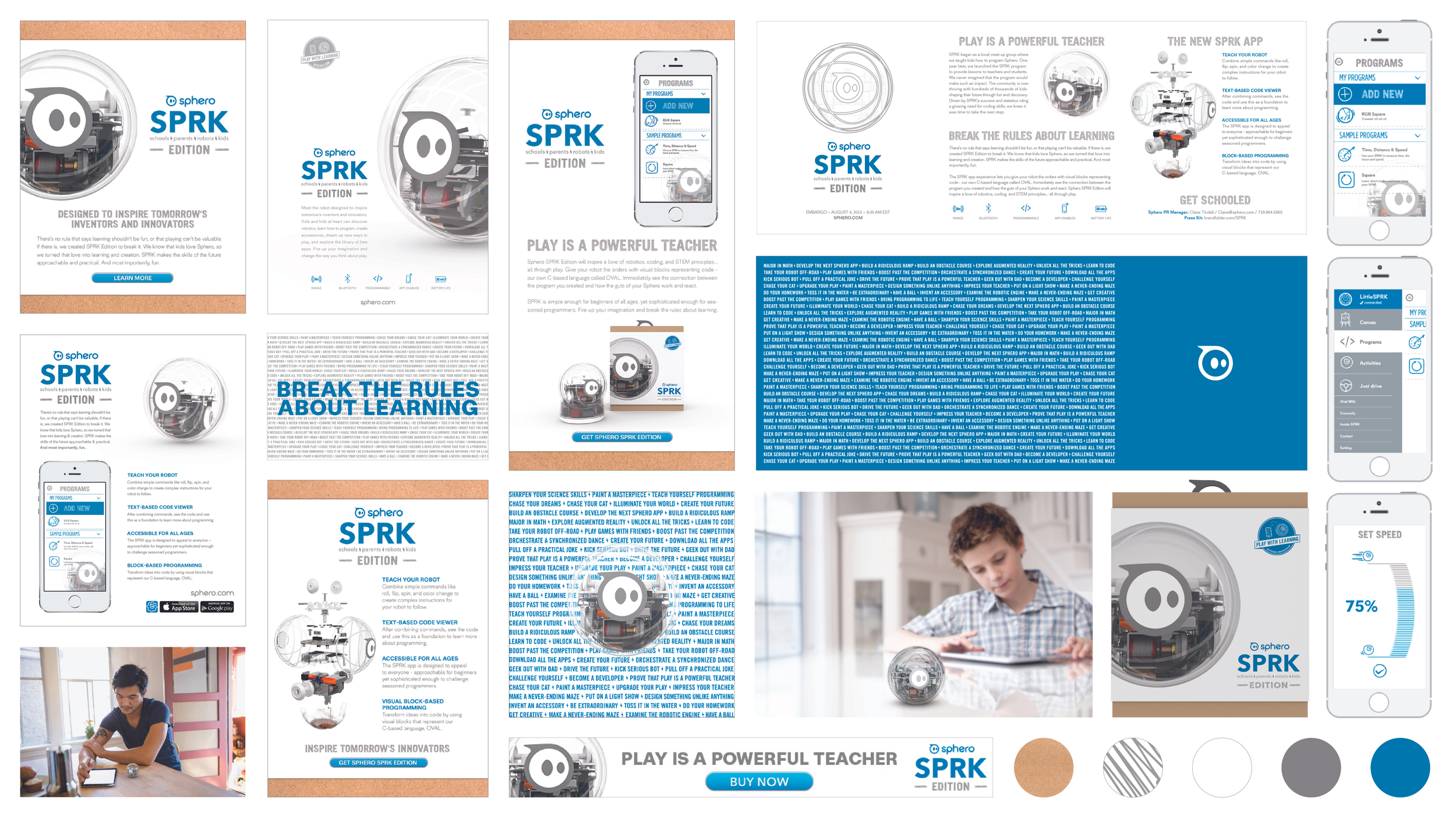 Sphero SPRK Edition marketing layouts: print ads, press release, web banners, and app screens featuring the transparent SPRK+ robot ball.