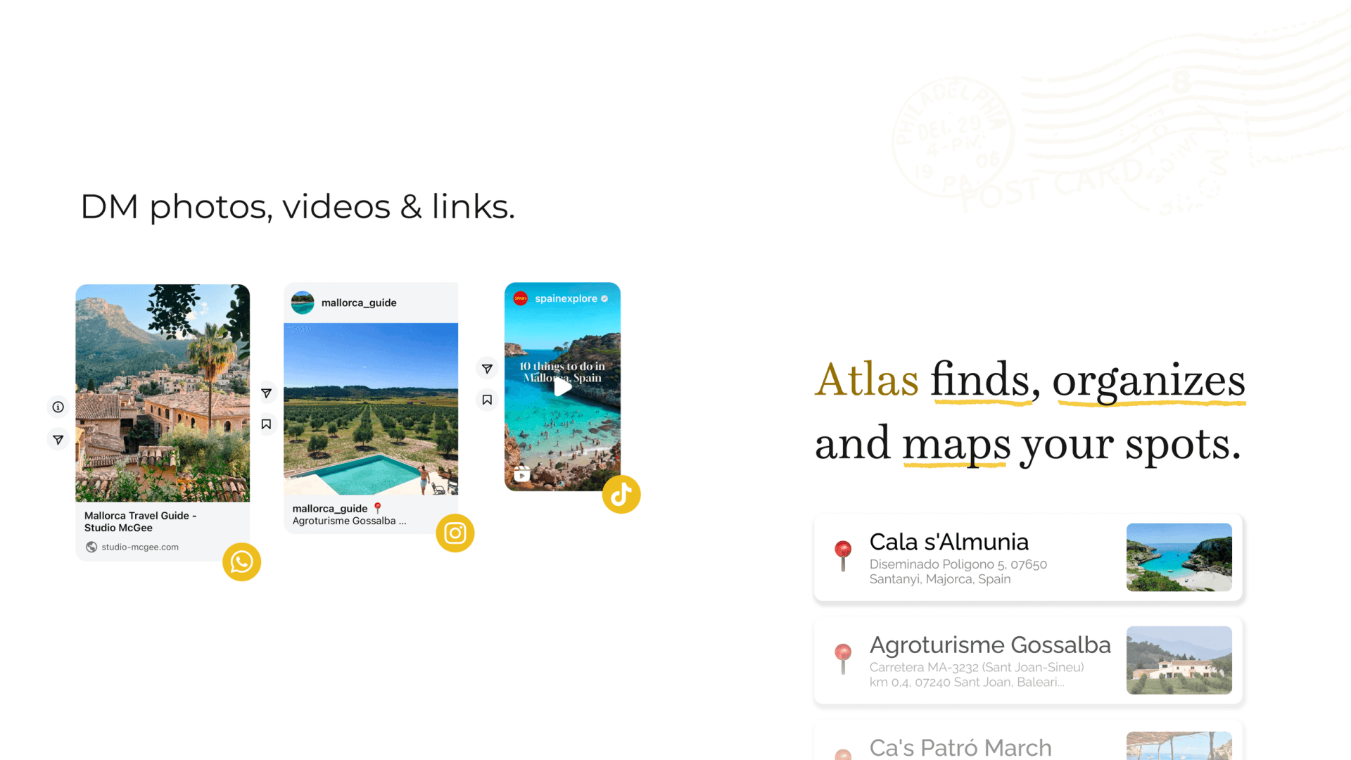 Atlas slide 'DM photos, videos & links' with social post cards and a mapped list of Majorca locations