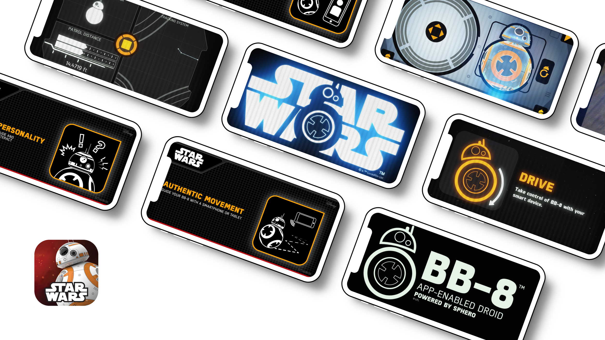 Scattered smartphone screens from the Star Wars BB-8 app by Sphero, showing DRIVE and tracking UI