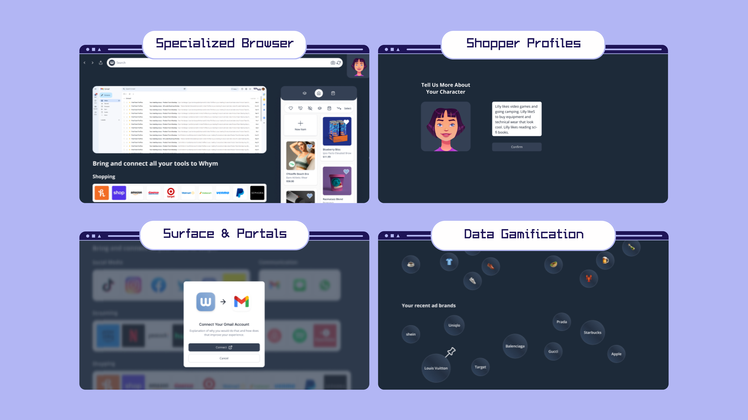 Four Kookie product UI mockups labeled Specialized Browser, Shopper Profiles, Surface & Portals, and Data Gamification