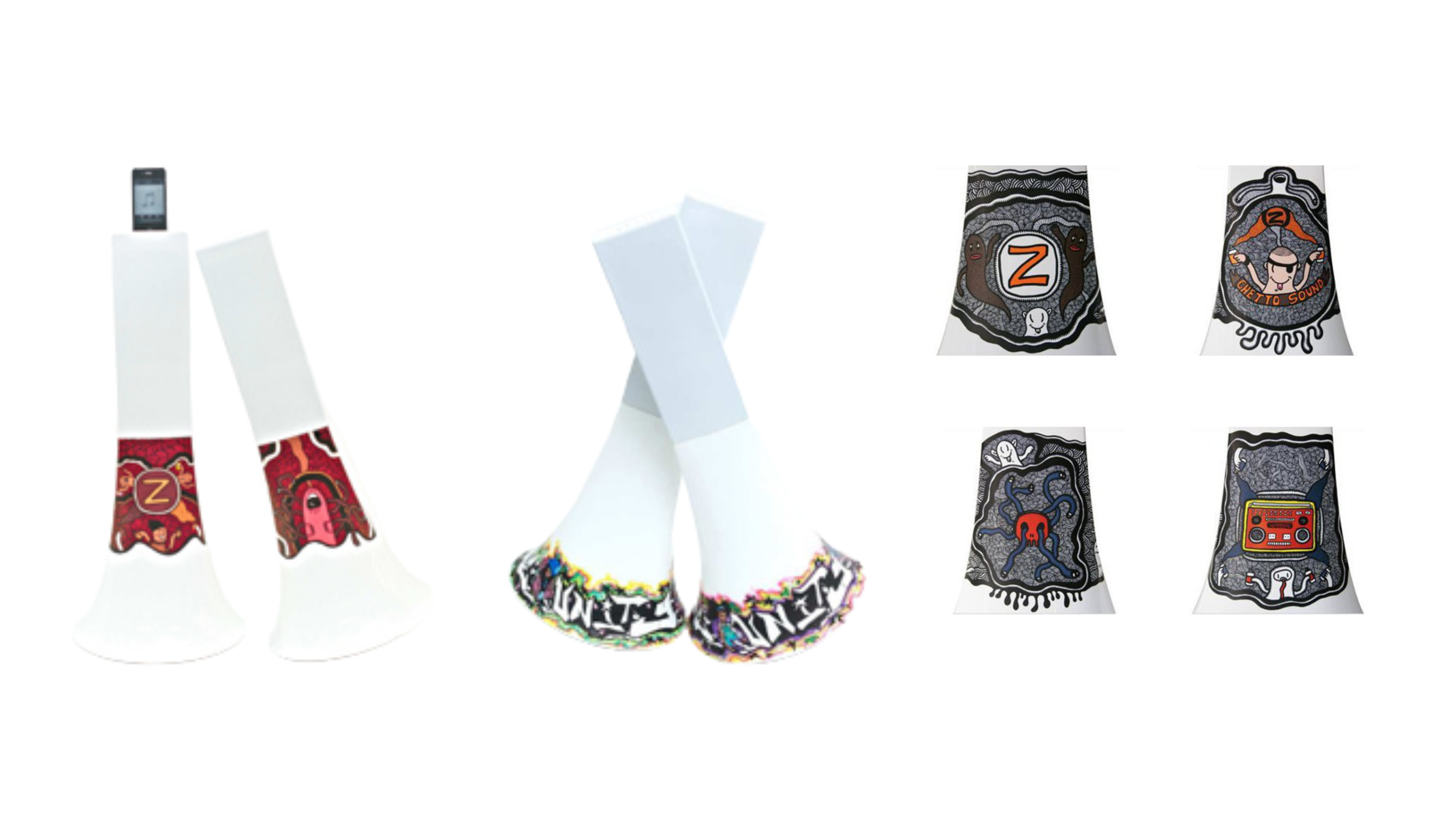 Zikmu tower speakers with graffiti-style artist wraps and four cartoon graphic sleeve designs.