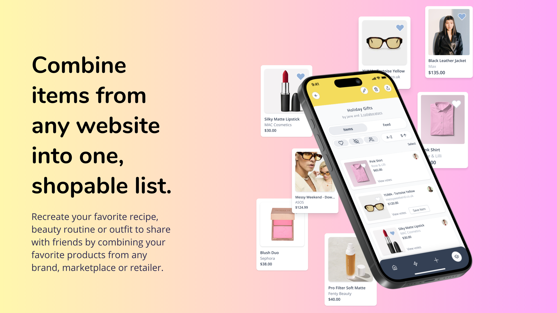 Slide "Combine items from any website into one, shopable list" with a Whym phone showing a Holiday Gifts list and floating product cards for lipstick, jacket, shirt and blush