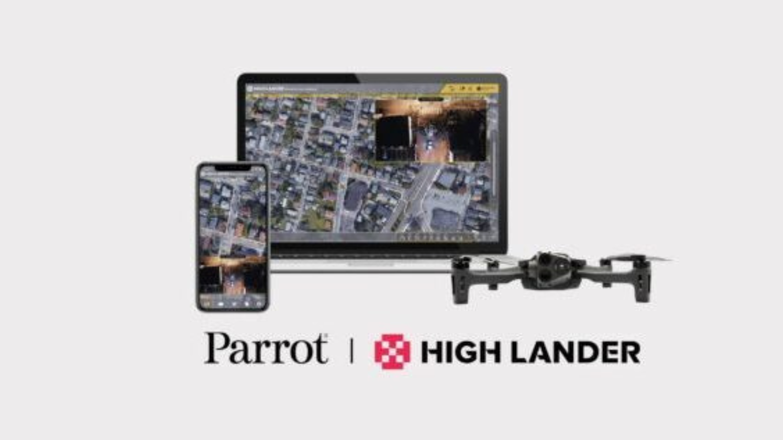 Laptop and phone showing a mapping interface with aerial imagery next to a Parrot ANAFI drone; Parrot and High Lander logos below