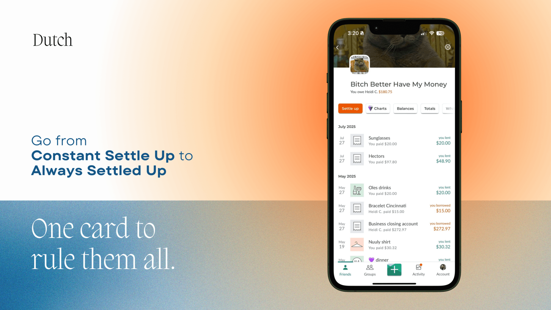 Phone showing a Dutch expense-sharing feed of itemized transactions, headline "Go from Constant Settle Up to Always Settled Up"