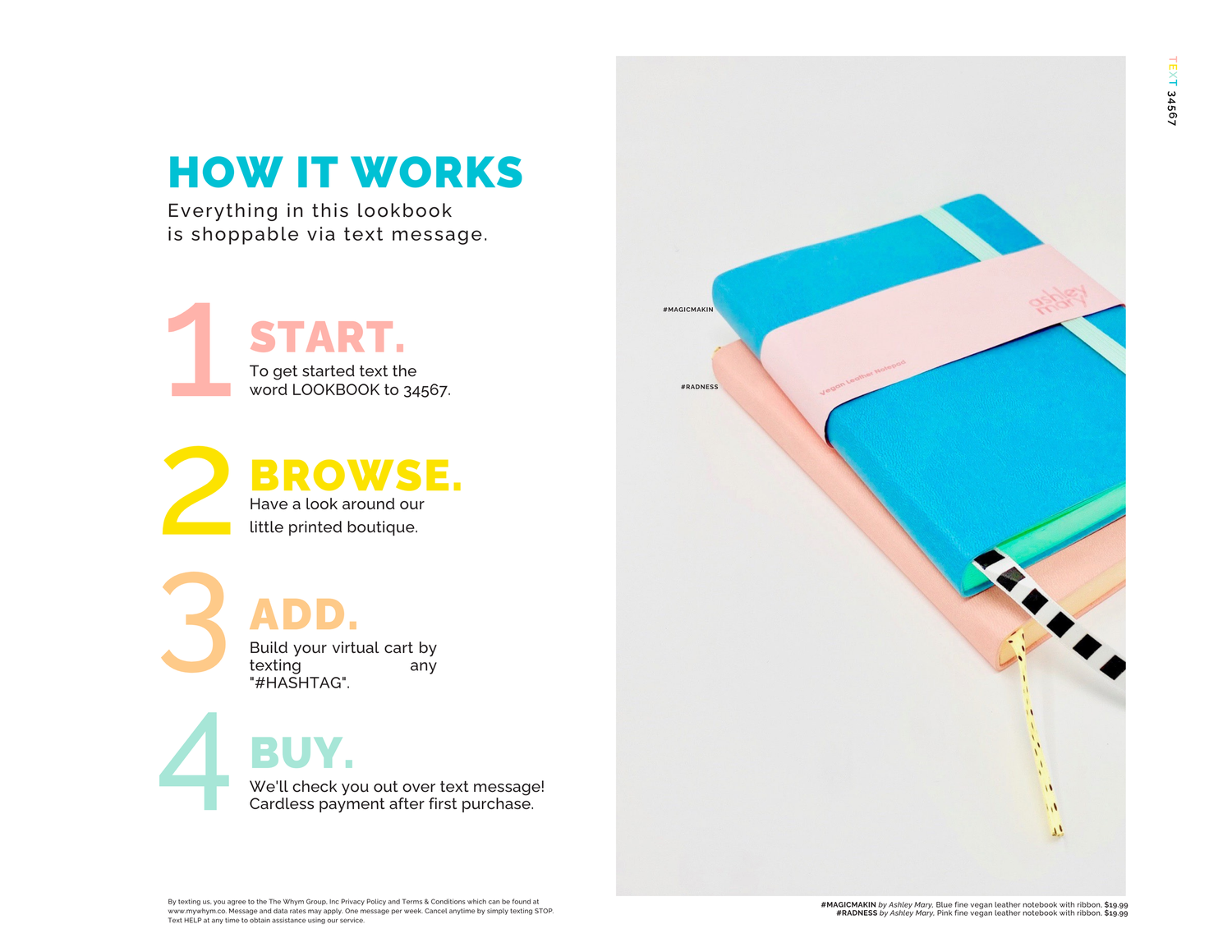 Text Shop lookbook page: HOW IT WORKS steps beside blue and pink vegan leather notebooks