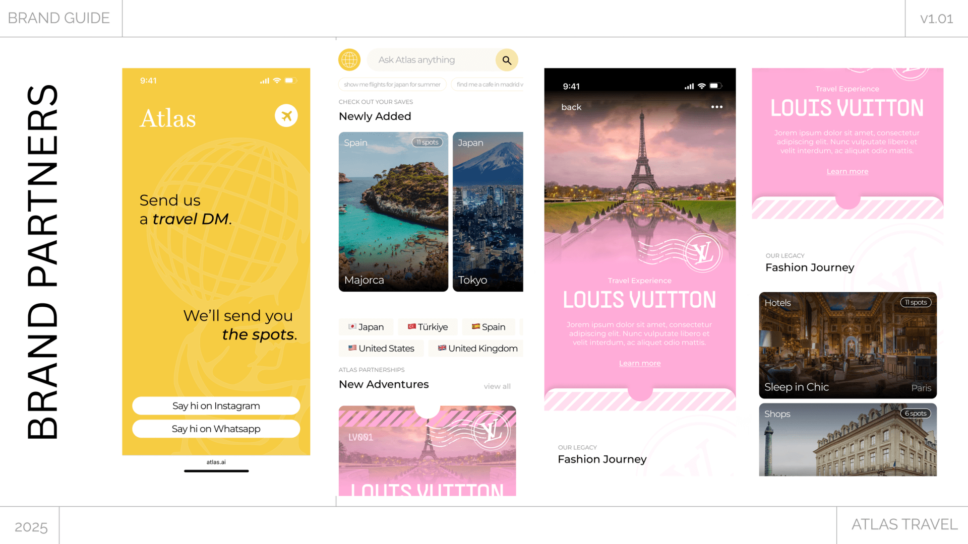 Atlas brand guide 'Brand Partners' page with phone mockups of the travel DM app and a Louis Vuitton experience.