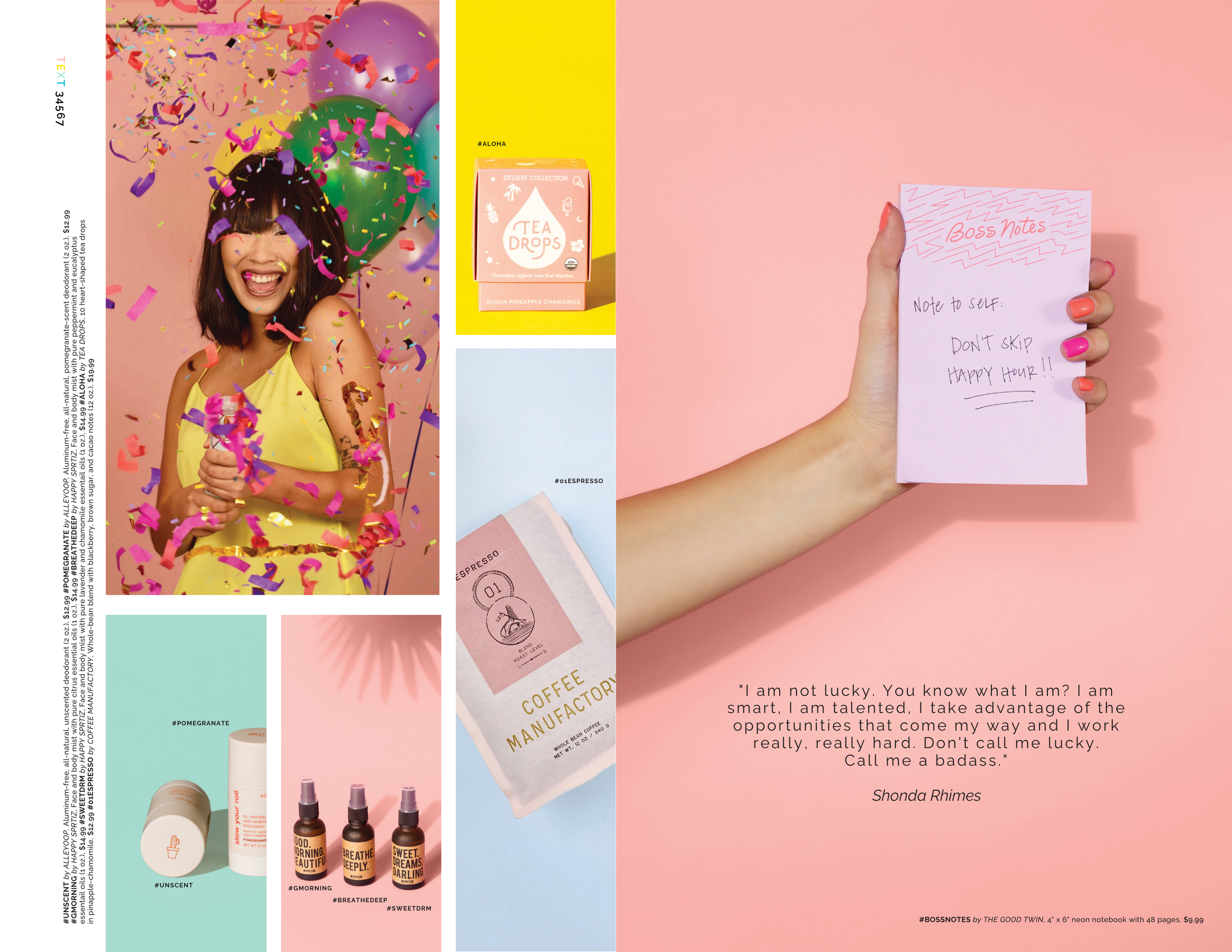 Whym catalog: laughing woman with confetti and balloons, Tea Drops box, coffee bag, hand holding 'Boss Notes' notebook