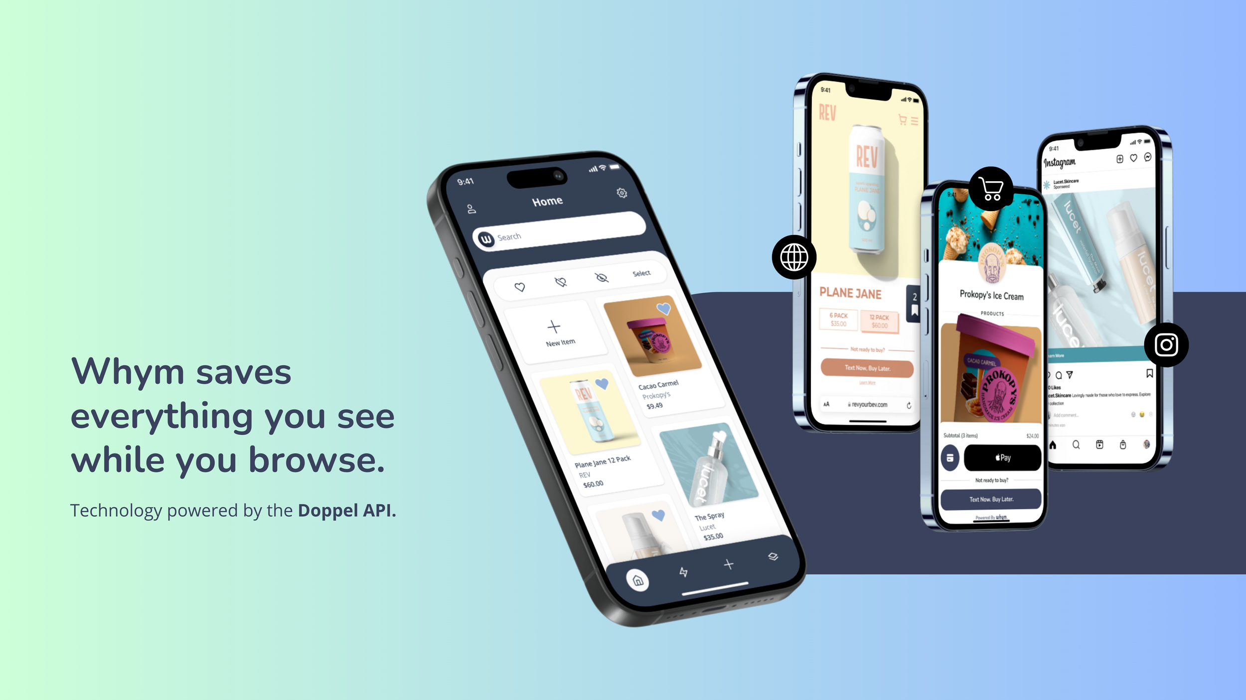 'Whym saves everything you see while you browse' beside phones showing a saved-items home, product and Instagram screens