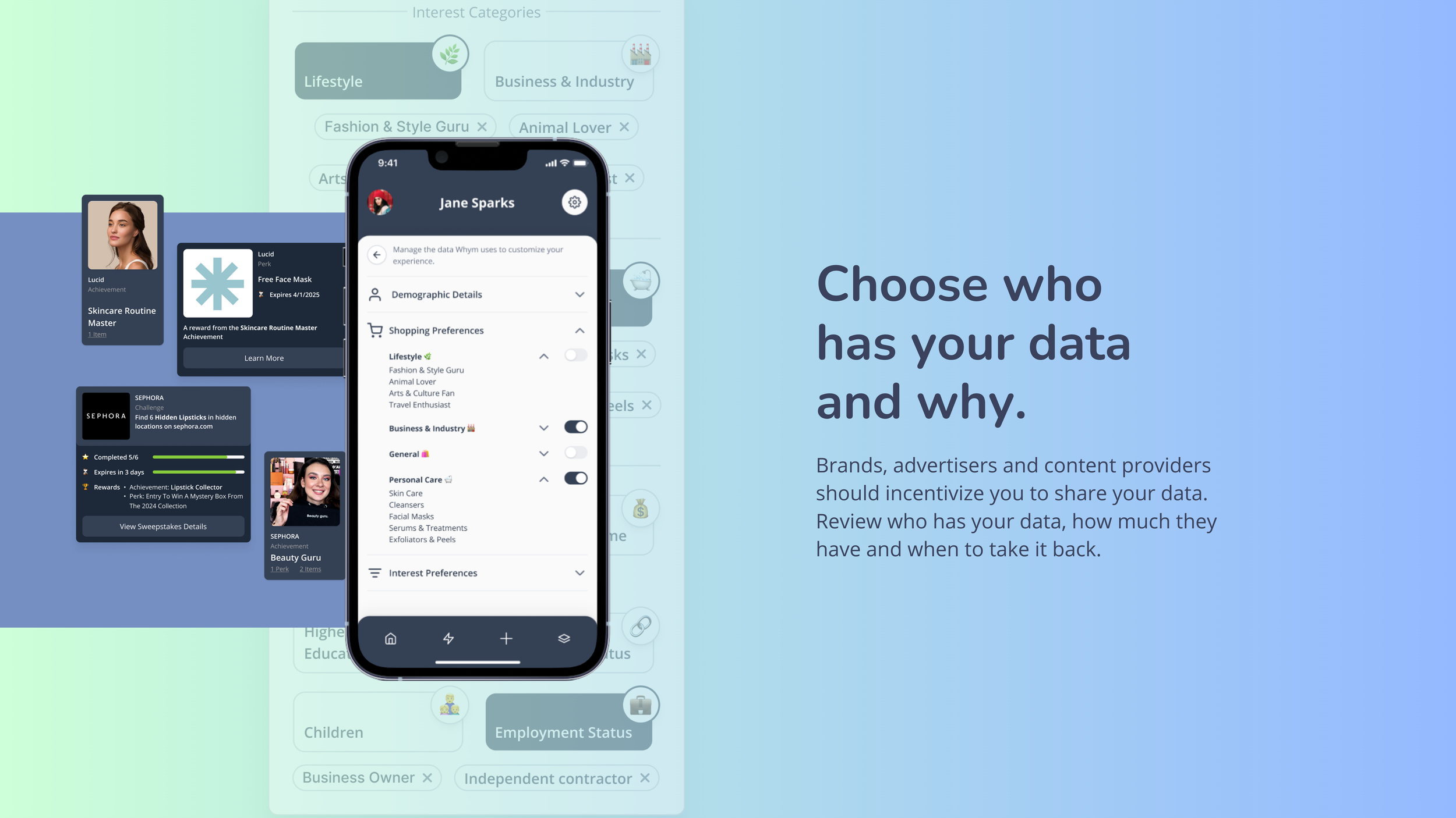 Whym app data-permissions screen on a phone over cards; headline "Choose who has your data and why."
