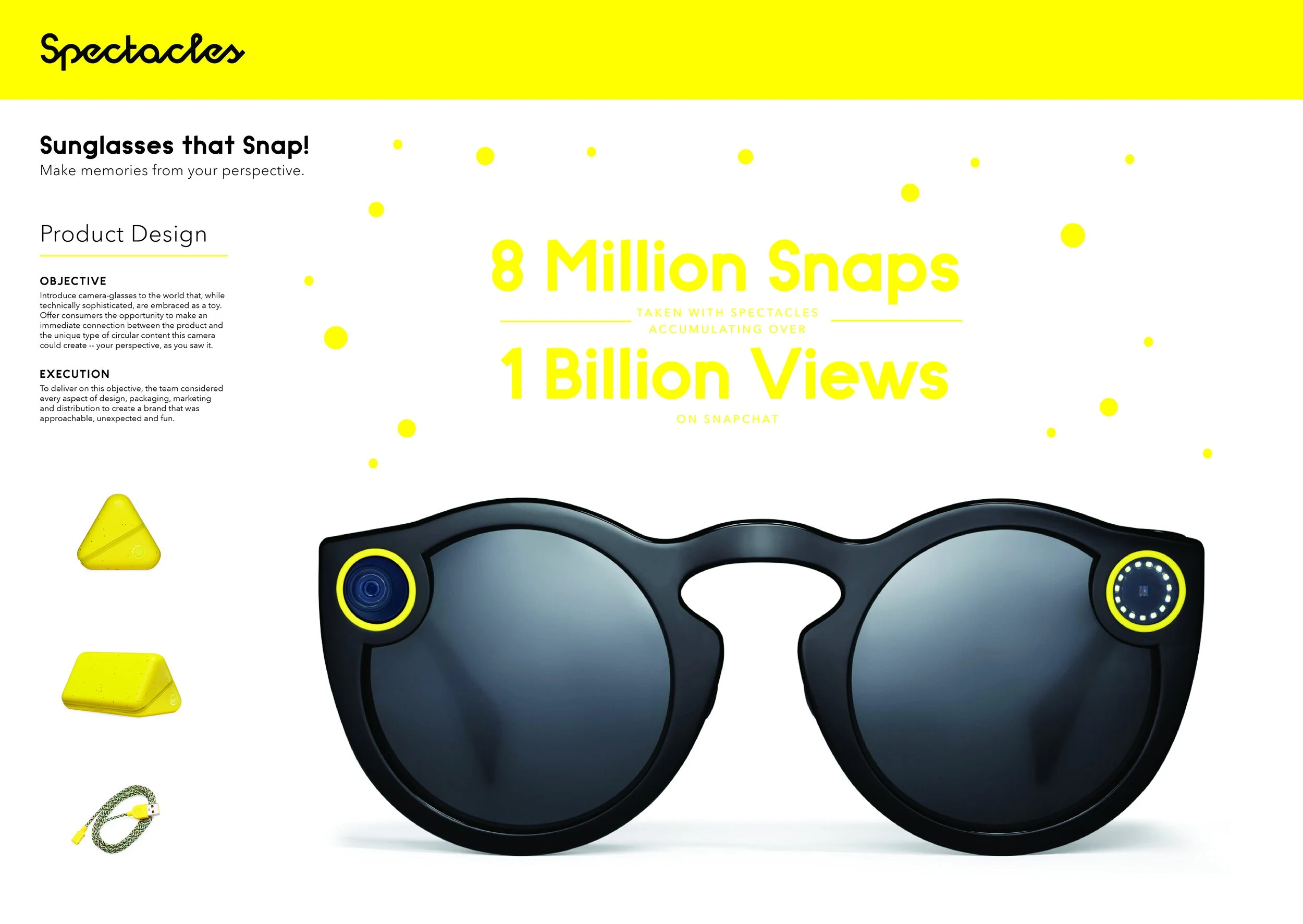 Spectacles Product Design slide: front-on black glasses, yellow case and cable, 8 million snaps, 1 billion views