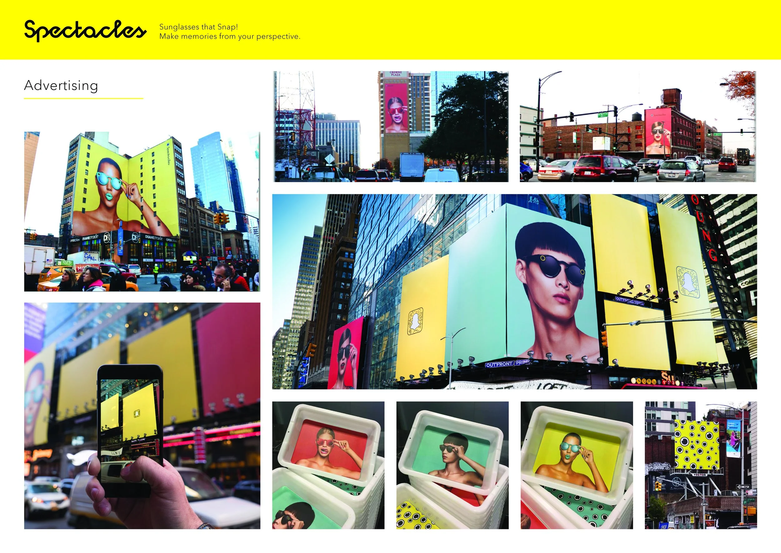 Spectacles advertising slide with grid of city billboard placements, a phone photographing one, and vending-machine display screens.