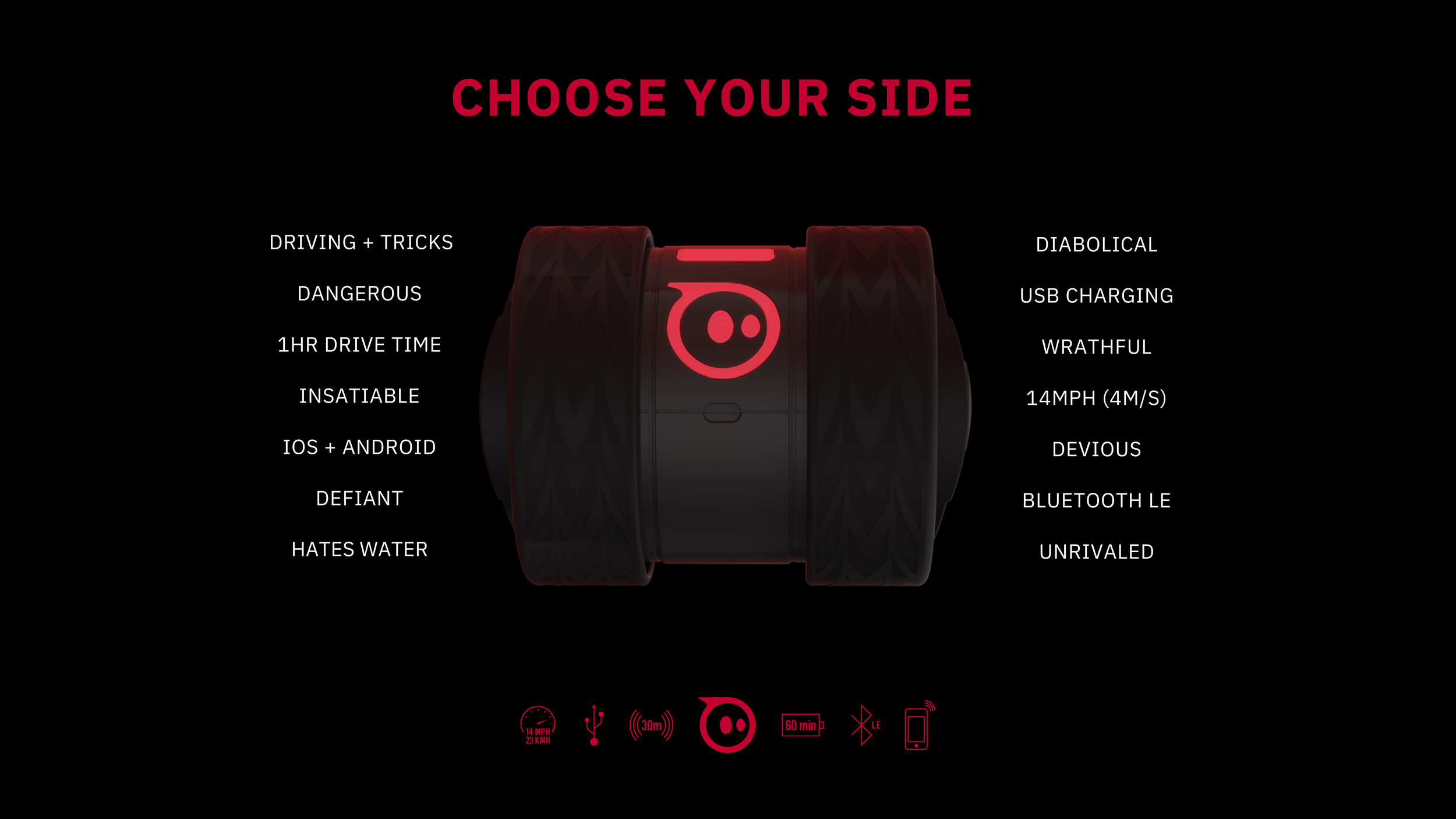 'Choose Your Side' slide: dark Sphero Ollie centered with spec words like '1hr drive time', '14mph', 'Bluetooth LE'