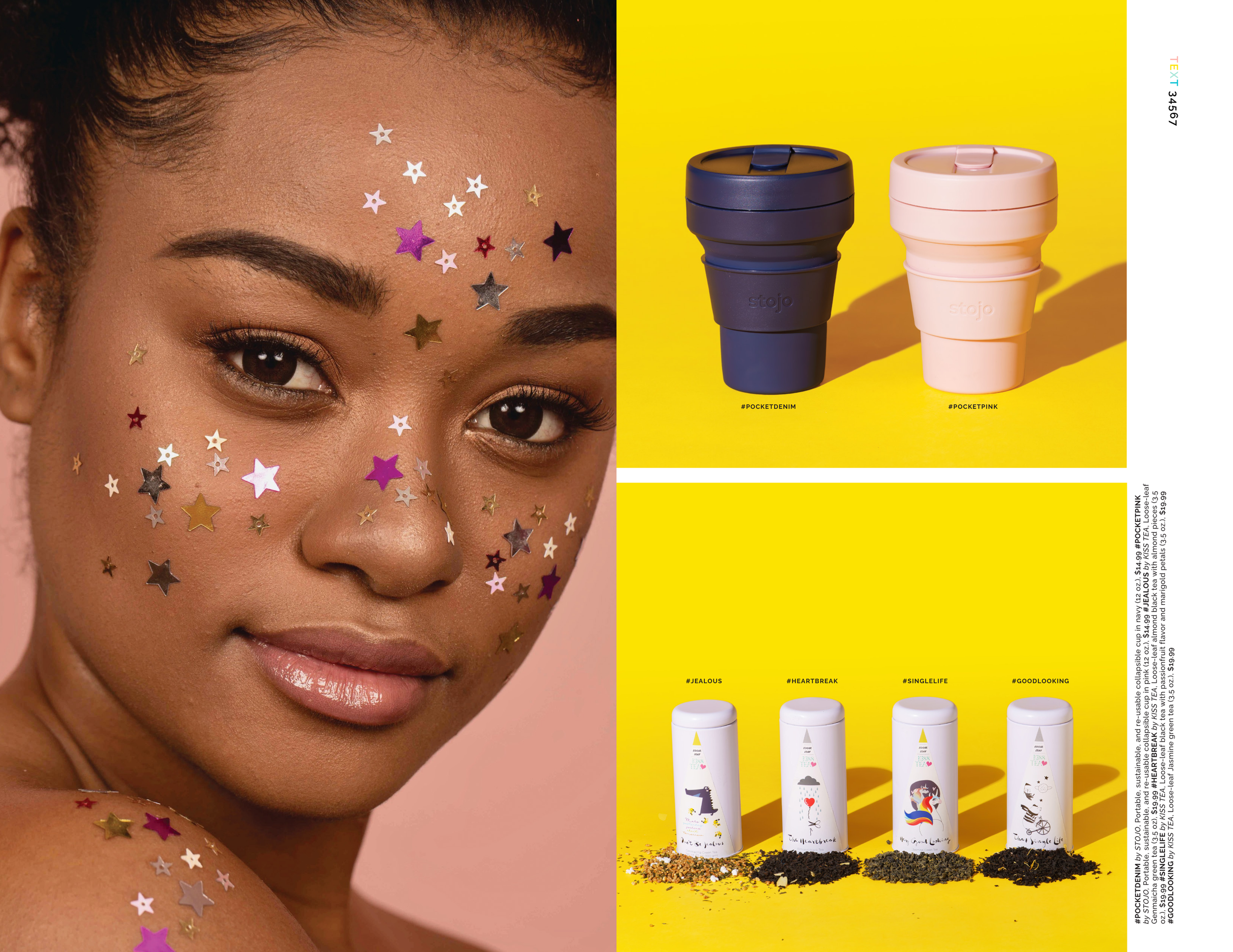Woman with metallic star face decals; navy and pink Stojo collapsible cups and four Kiss Tea tins on yellow
