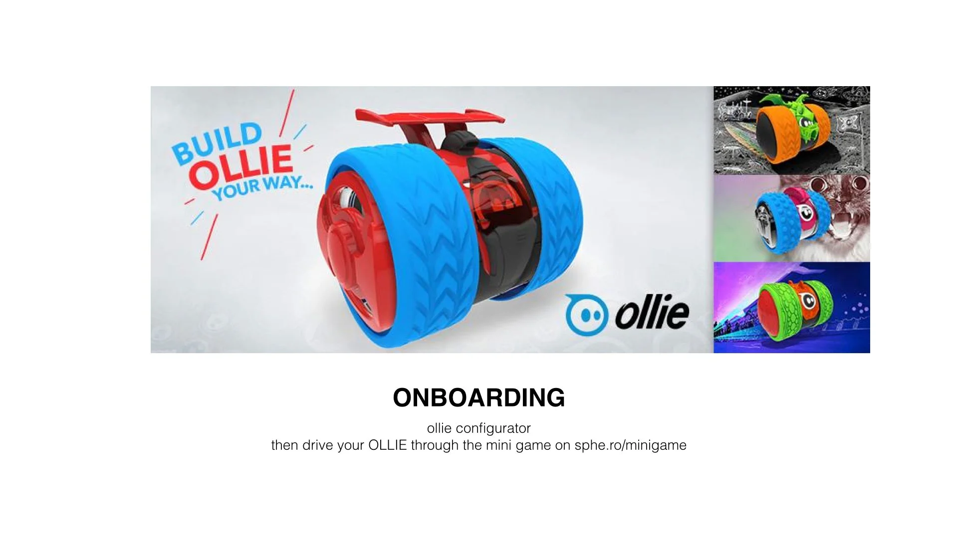 Sphero Ollie in blue tire hubs beside its black retail box reading 'The app-controlled robot driven by adrenaline'