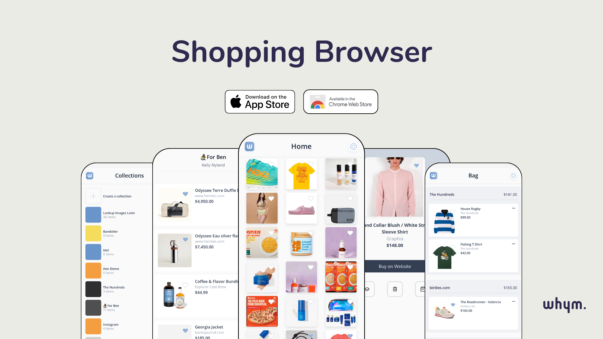 "Shopping Browser" slide: five Whym app phone screens showing Home, Collections, product and Bag views.