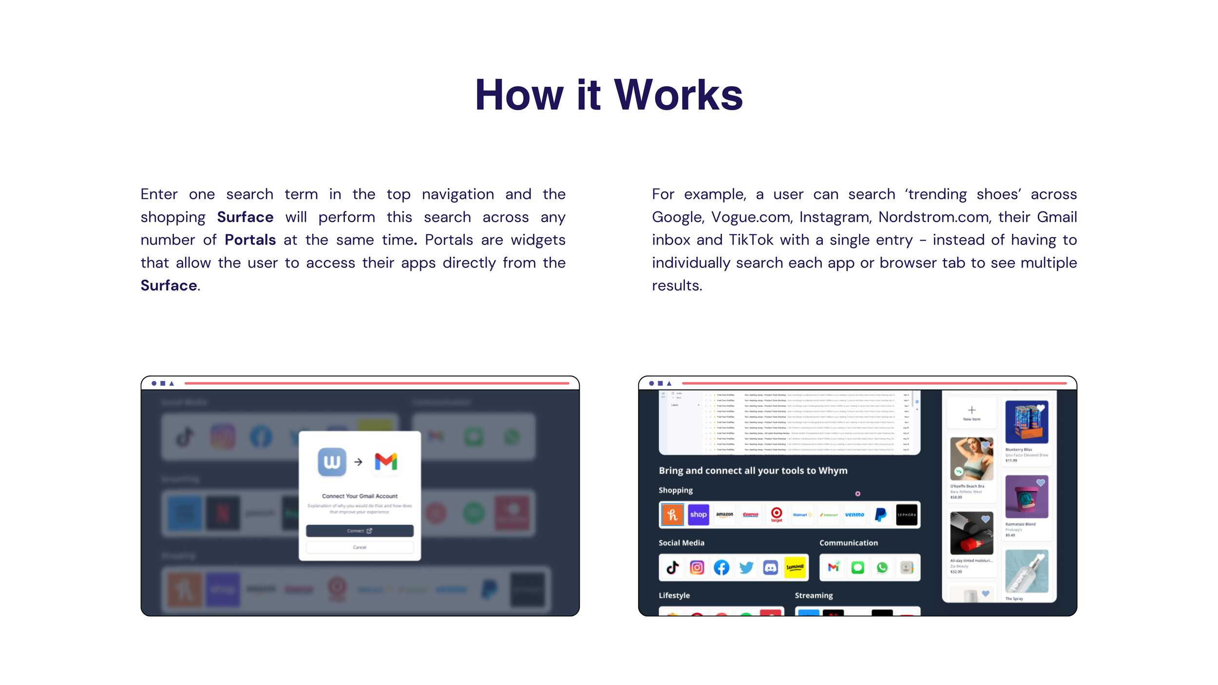 Kookie 'How it Works' slide with two tablet mockups for connecting Gmail and other tools to the Surface