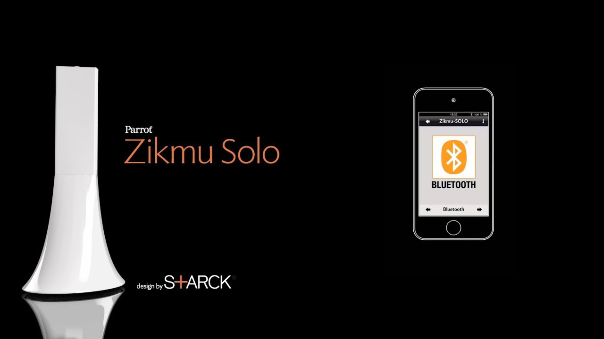 White Zikmu Solo tower speaker on black; text "Parrot Zikmu Solo, design by Starck" and phone showing Bluetooth.