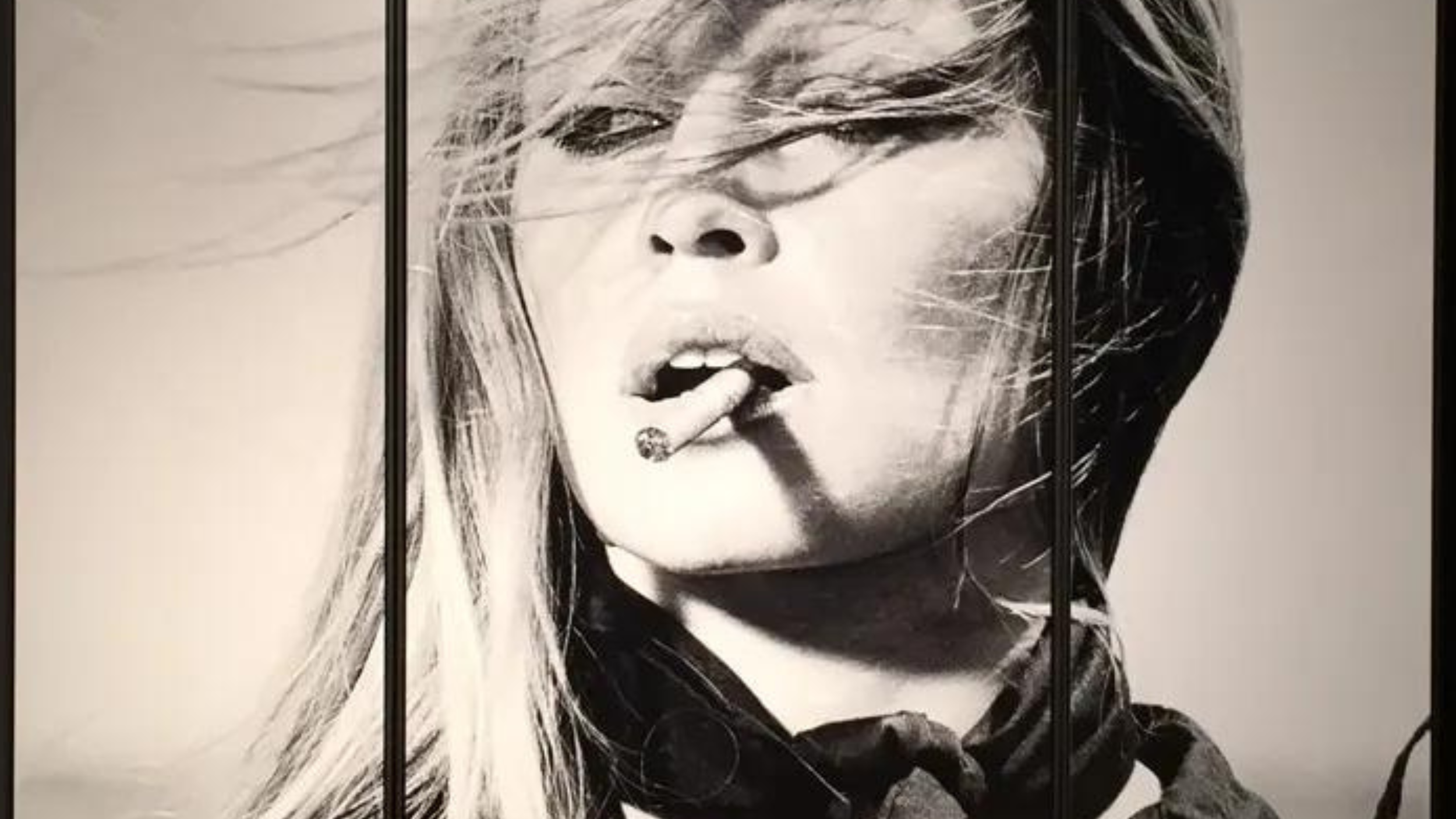 Black-and-white portrait of a woman with a cigarette in her mouth and windblown hair, mounted as framed wall art