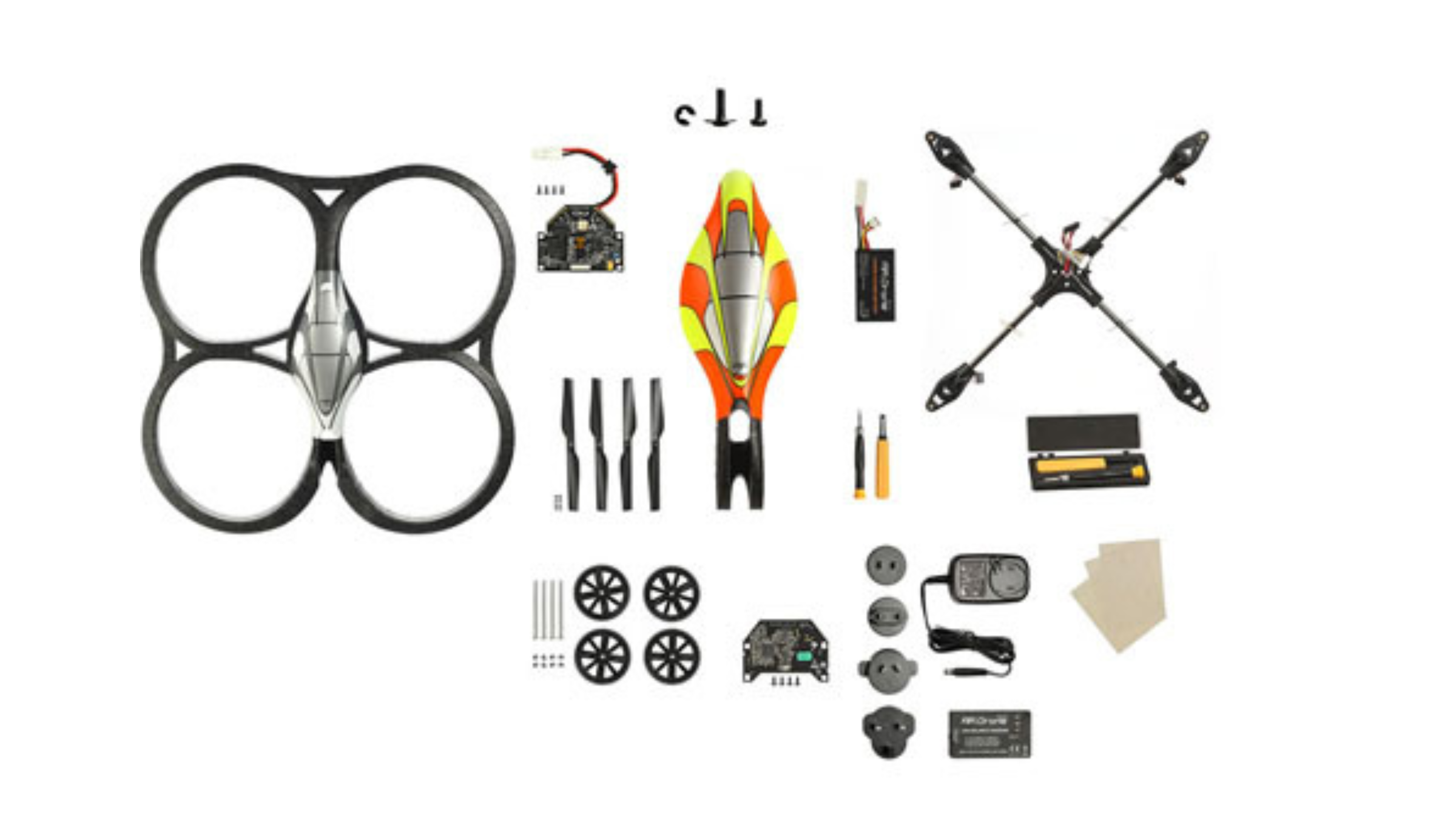 Exploded parts layout of a Parrot AR.Drone: hull frame, circuit boards, propellers, gears, motor arms, battery, tools and international power adapters