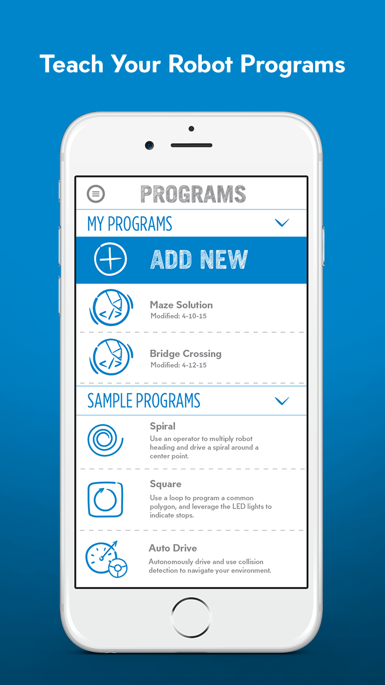 Phone showing Sphero app Programs list: My Programs, Add New, and sample programs Spiral, Square, Auto Drive