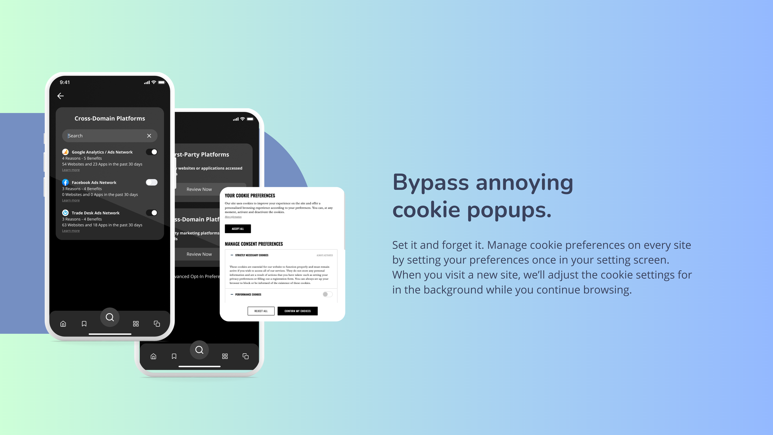 Two phone mockups "Bypass annoying cookie popups": ad-network toggles and an auto-handled cookie consent dialog.