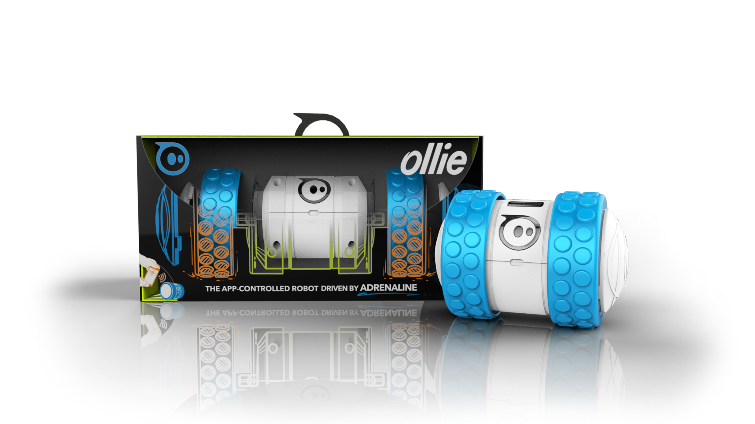 Row of nested Sphero Ollie tire hubs in red, lime, pink, gray, orange, green, teal and black, front one labeled 'ollie'