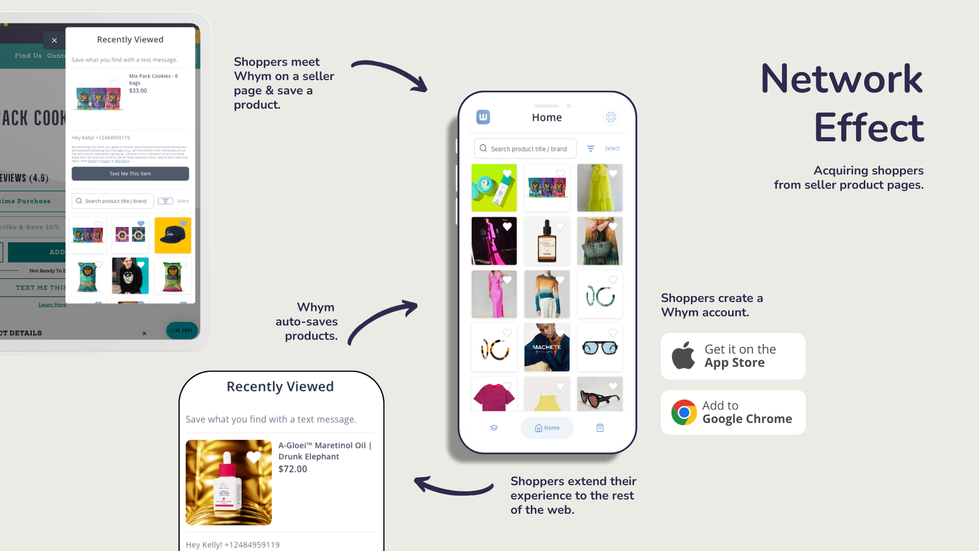 "Network Effect" slide: Whym app phone mockup and browser save-widget screens with App Store and Chrome buttons.