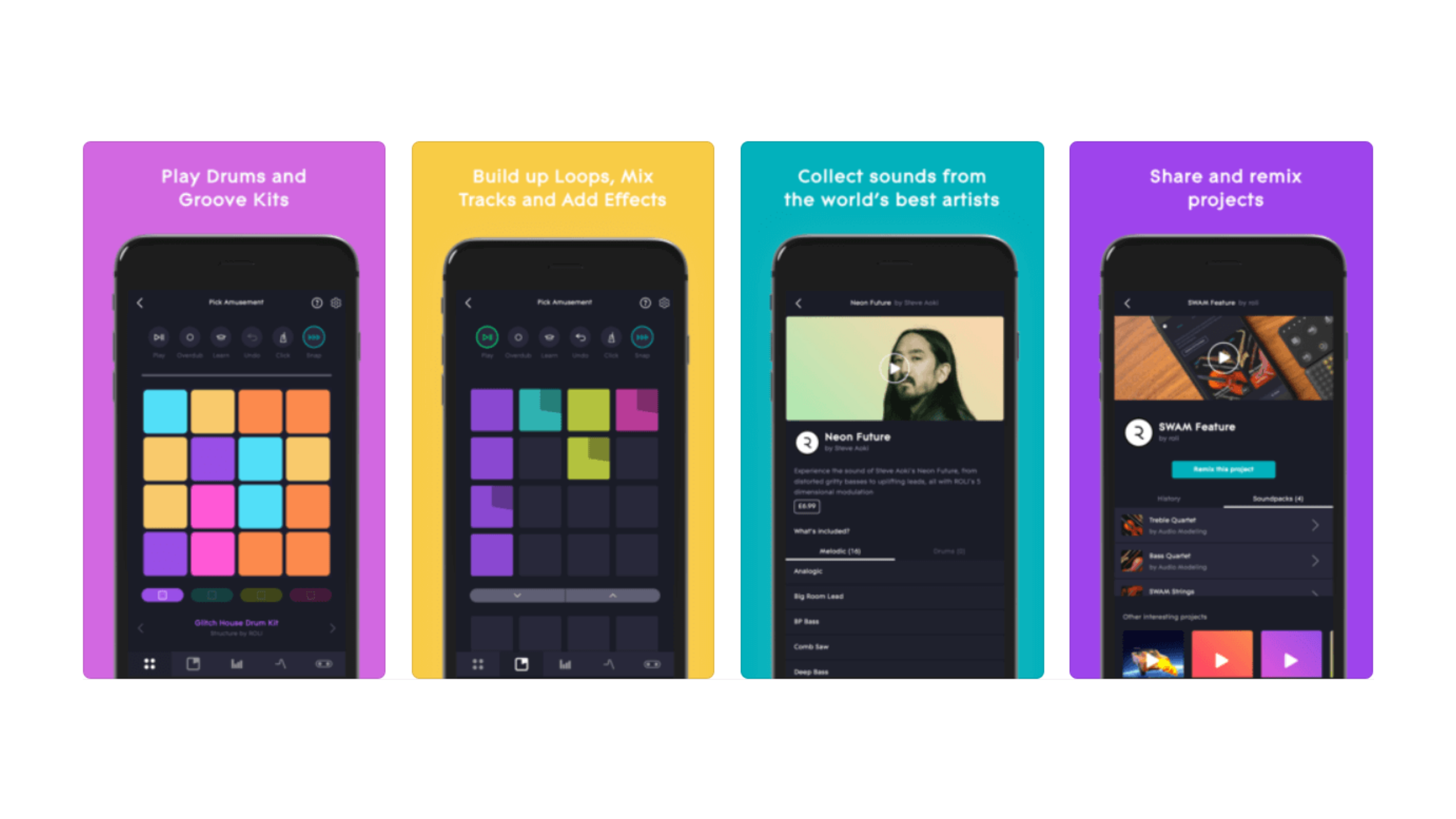 Four ROLI NOISE app screenshots: play drums, build loops, collect artist sounds (Steve Aoki), and share and remix.