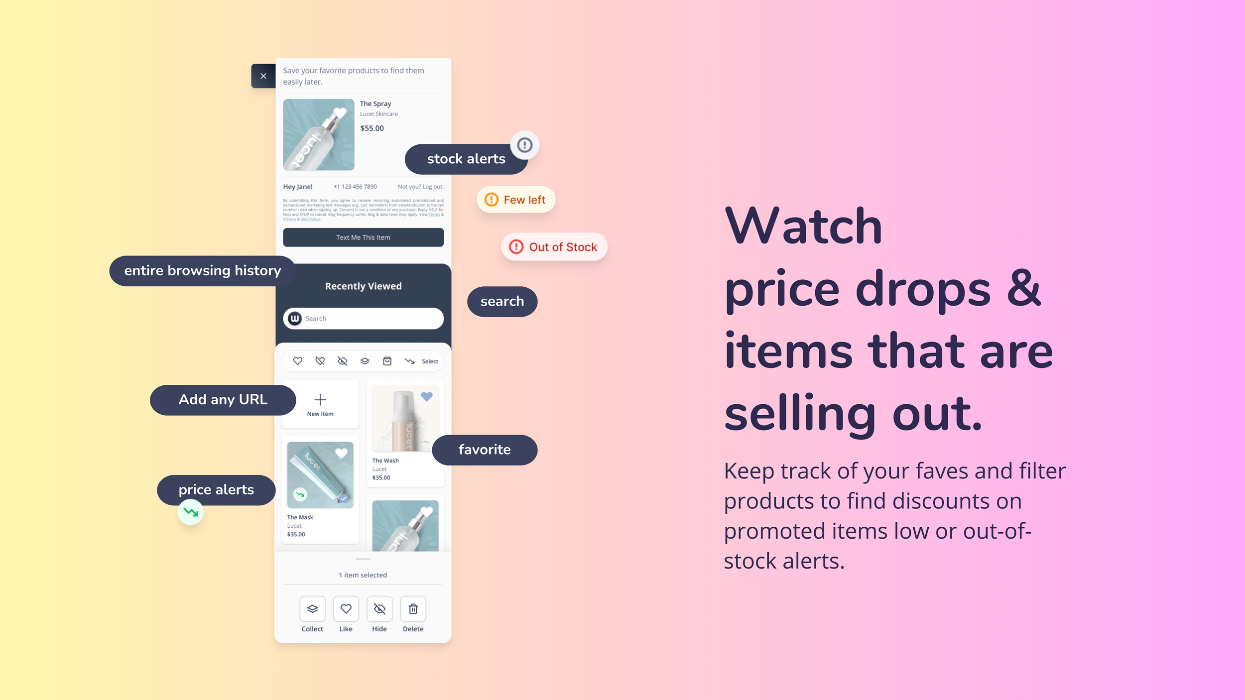 Slide "Watch price drops & items that are selling out" with a Whym product screen and floating labels: stock alerts, price alerts, search, favorite, Few left, Out of Stock
