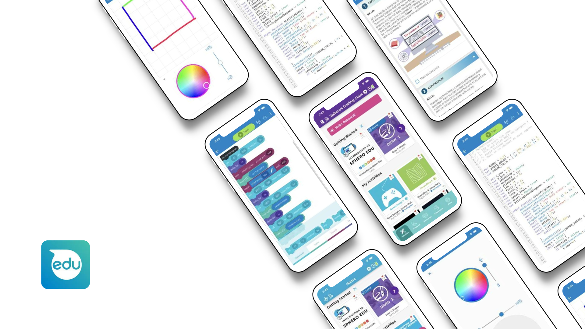 Sphero Edu app screens on tilted phones: color-wheel drive controls, block and text code editors, and Sphero Coding Class lessons.