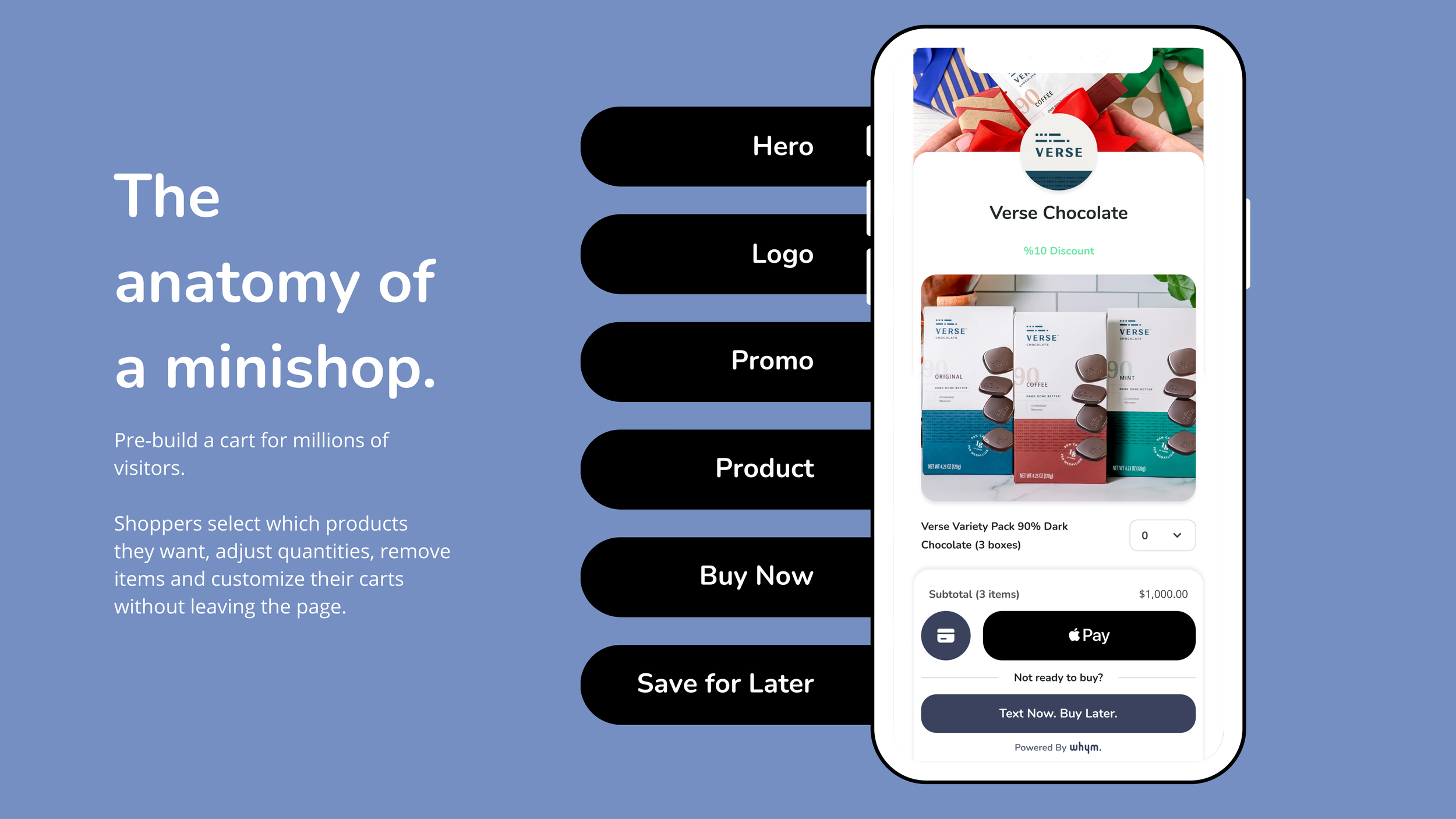 'The anatomy of a minishop' slide: phone showing a Verse Chocolate minishop labeled Hero, Logo, Promo, Product