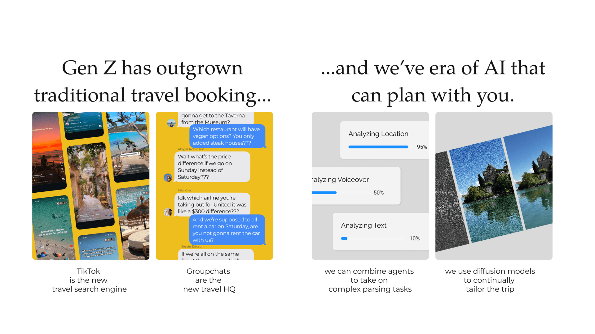 Atlas slide contrasting TikTok travel feeds and a planning group chat with AI progress bars analyzing a trip