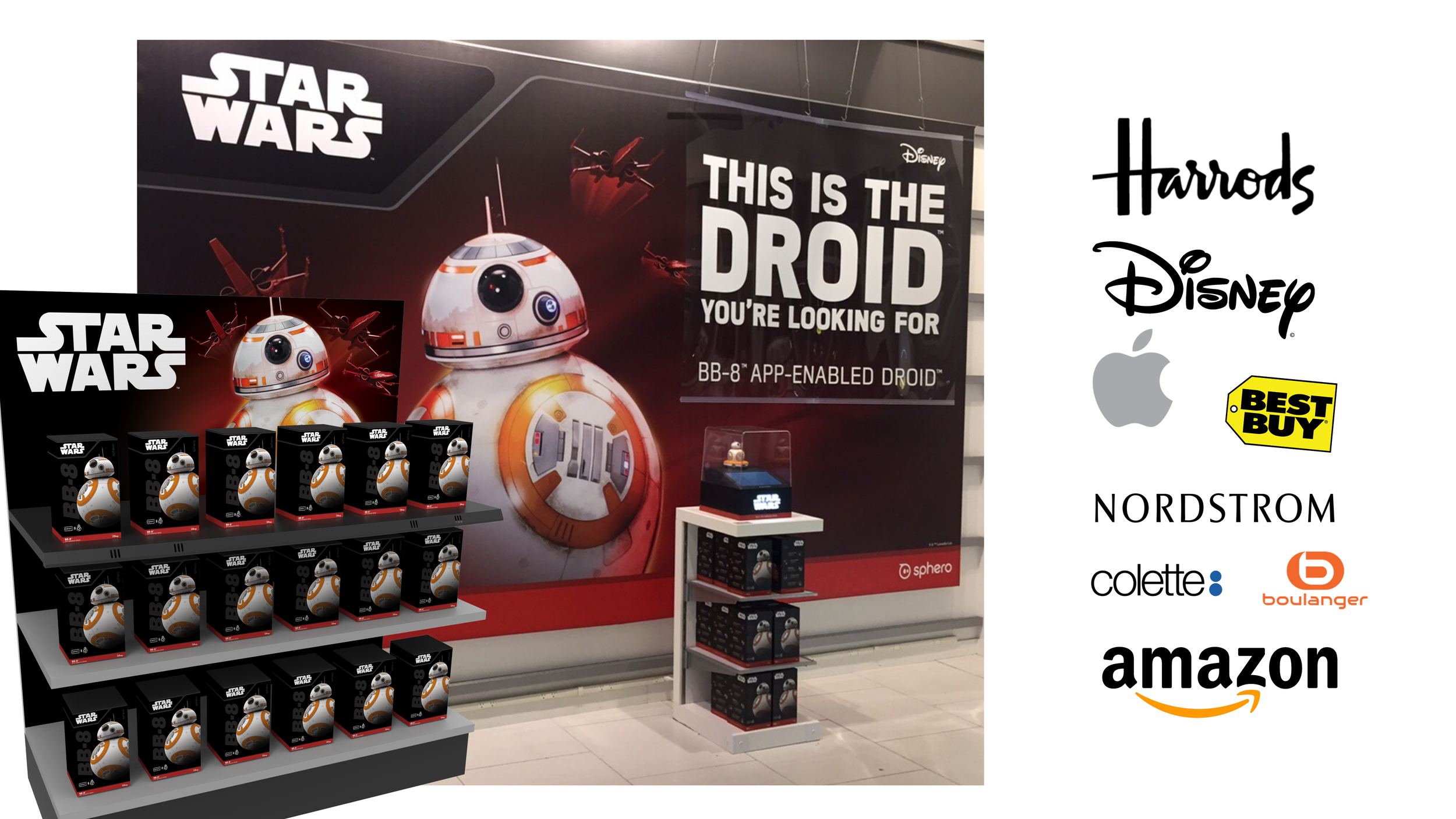 Retail display of boxed Sphero BB-8 droids under a Star Wars banner, beside Harrods, Disney, Apple, Best Buy, Nordstrom, colette, Boulanger and Amazon logos