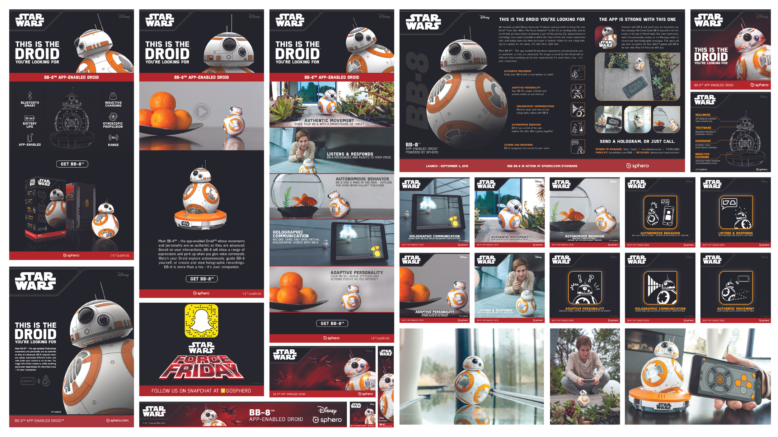 Grid of Star Wars BB-8 by Sphero marketing assets: banner ads, feature callout panels and lifestyle photos, headlined This Is The Droid You're Looking For
