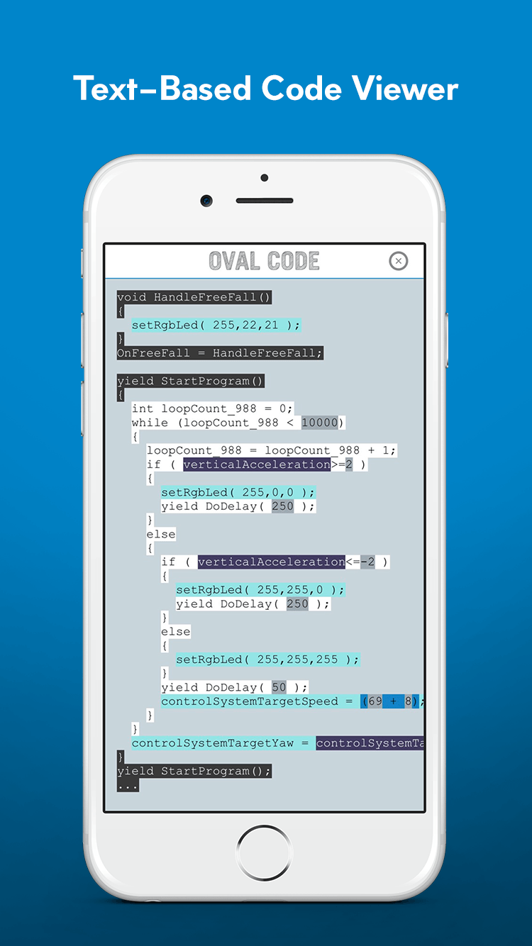 Phone showing Sphero app 'Text-Based Code Viewer' screen with C-style OVAL CODE program, blue background