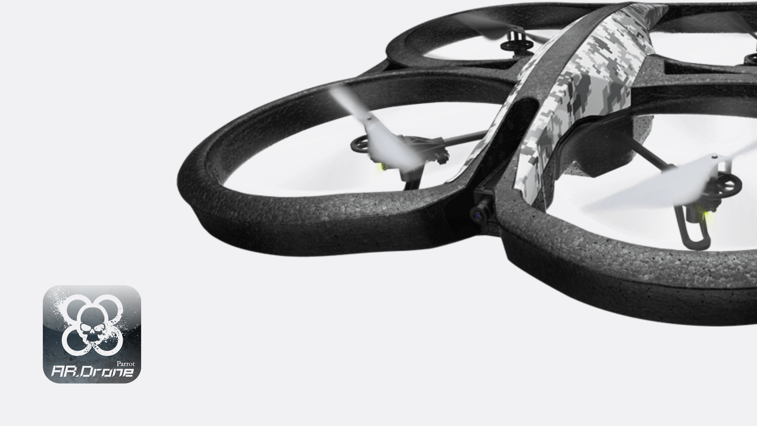 Parrot AR.Drone quadcopter with digital-camo hull and foam rotor guards, plus AR.Drone app icon