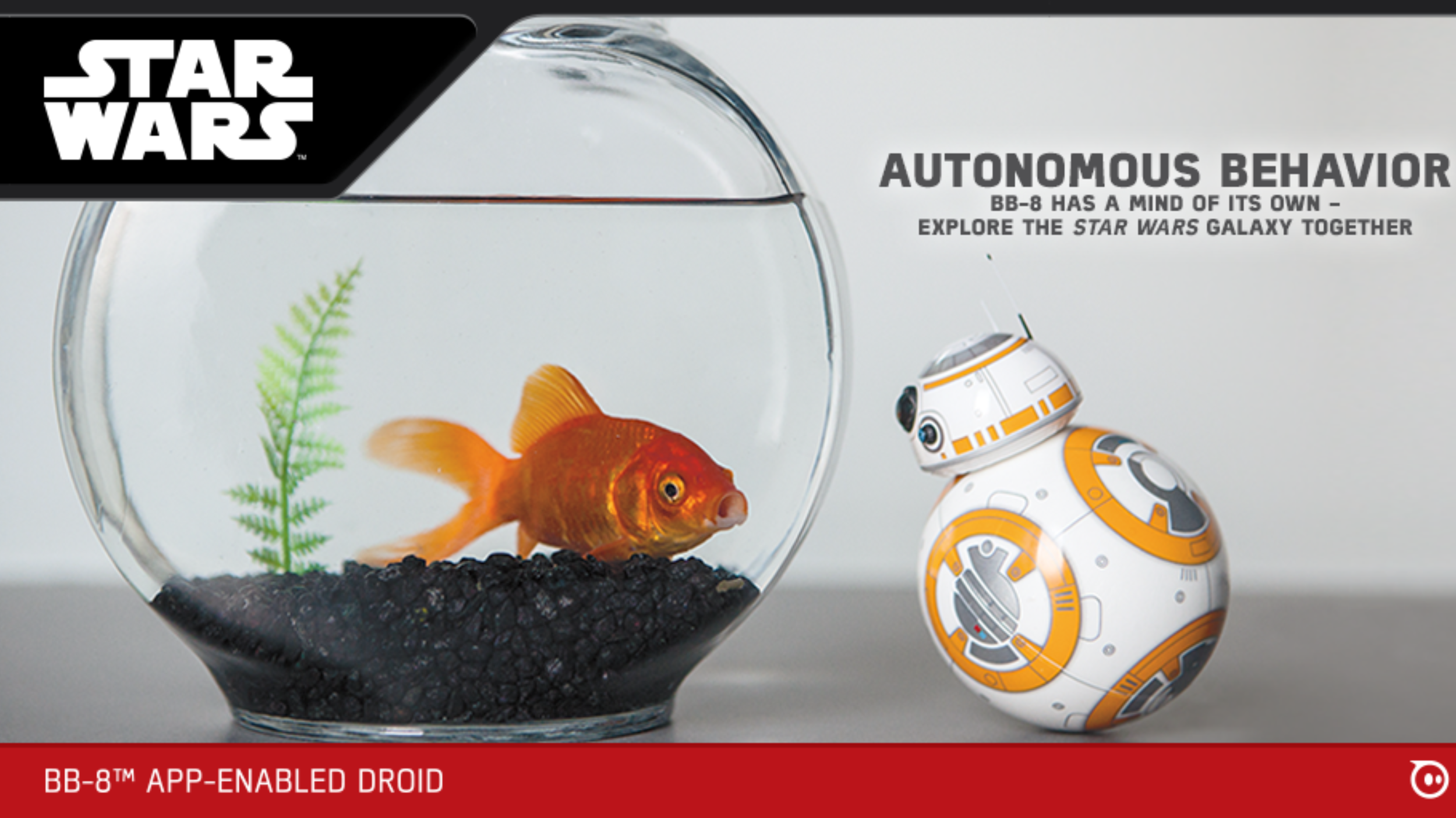 Sphero BB-8 droid beside a goldfish in a bowl, captioned "Autonomous Behavior"