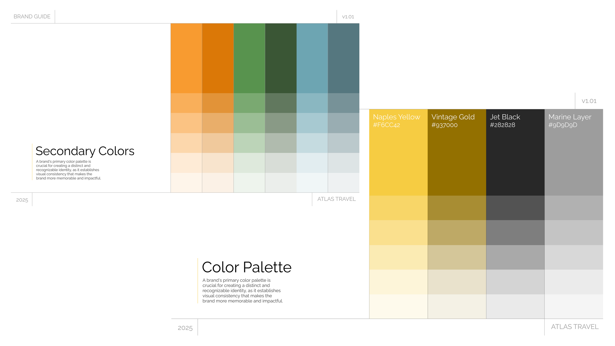 Atlas brand color palette page: Naples Yellow, Vintage Gold, Jet Black, and Marine Layer swatches with hex codes.